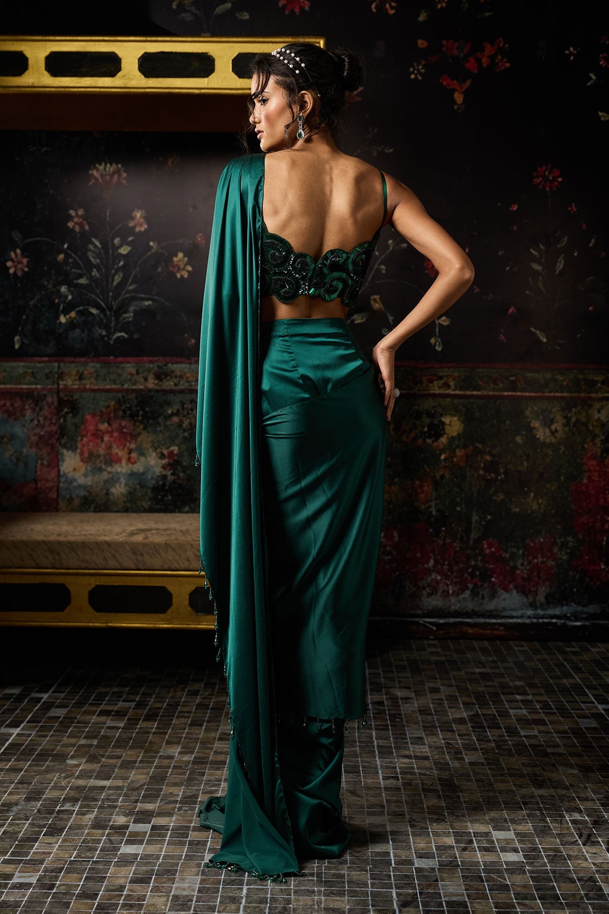 Emerald Green Embellished Dhoti Skirt Saree Set