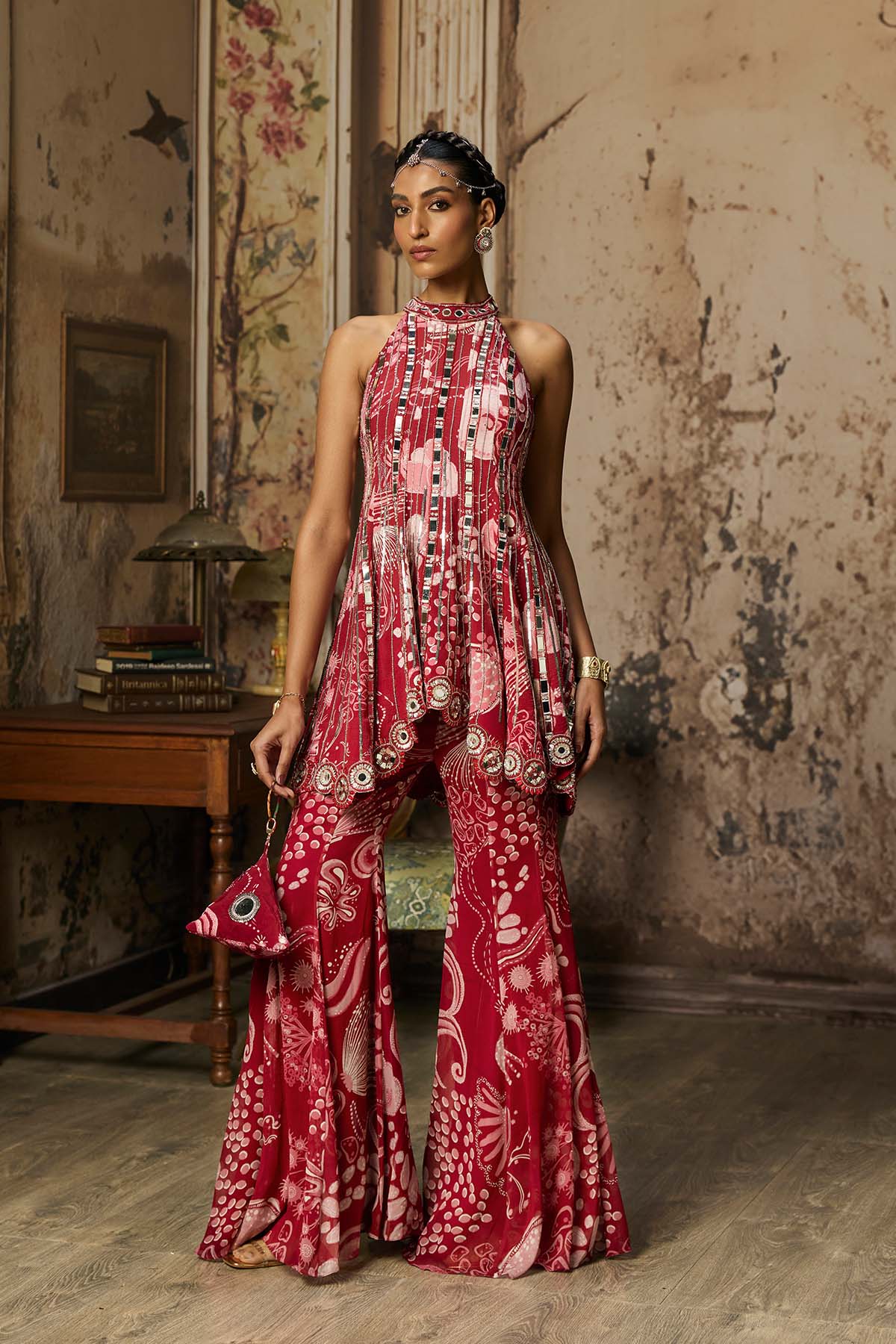 SCARLET RED PRINTED AND HIGHLIGHTED PEPLUM SET