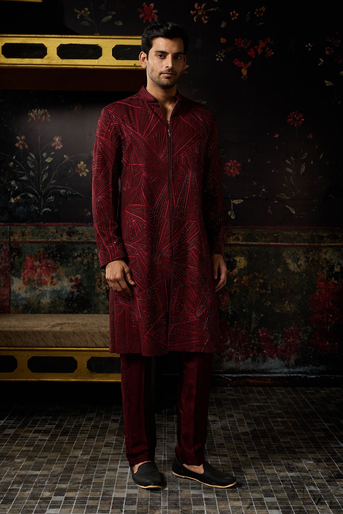 Maroon Embroidered Jacket Set & Pants
