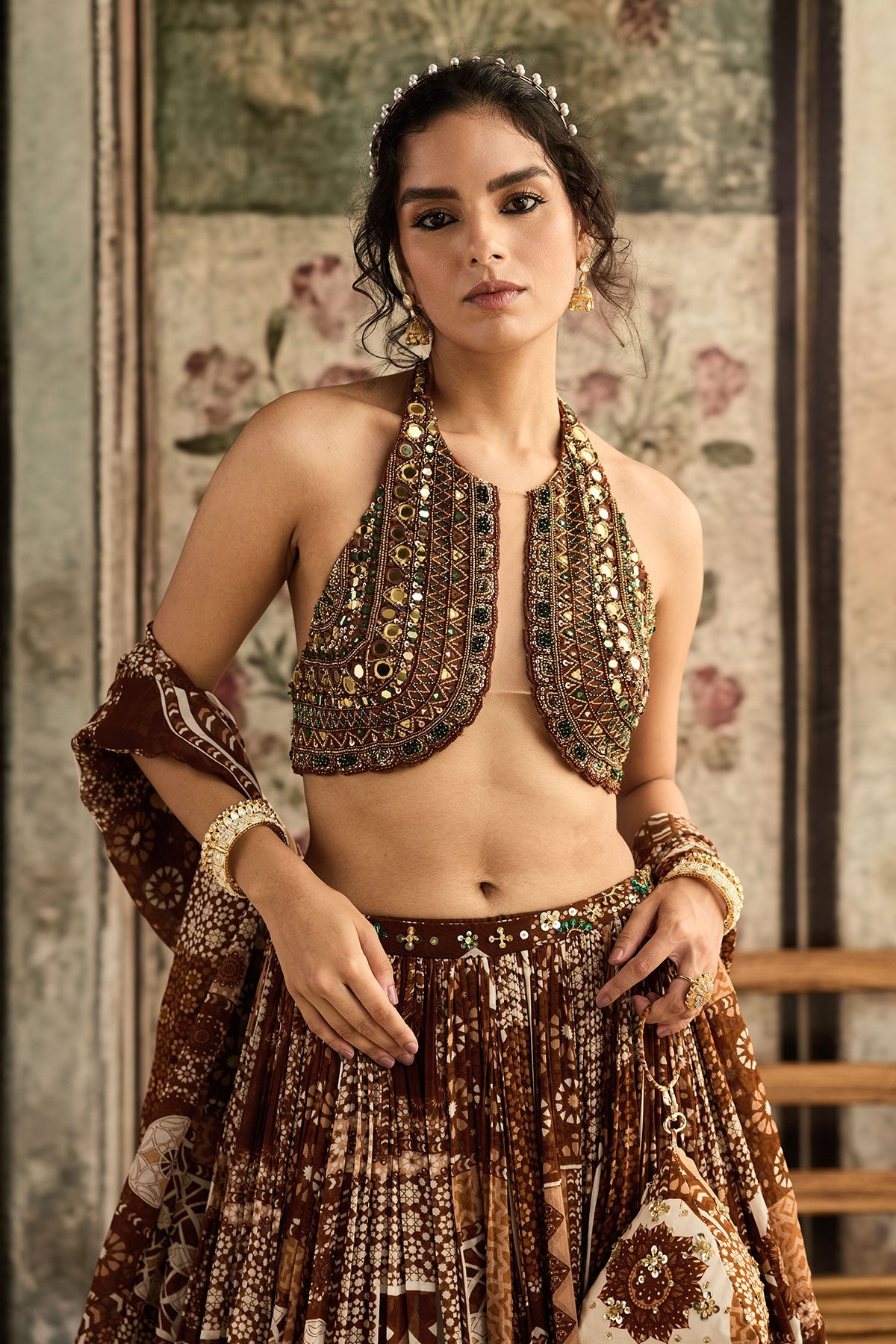 Caramel Embroidered Halter Blouse With Printed Lehenga Set