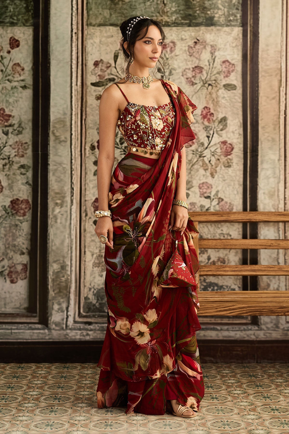 Red Floral Printed Pleated Skirt Saree Set