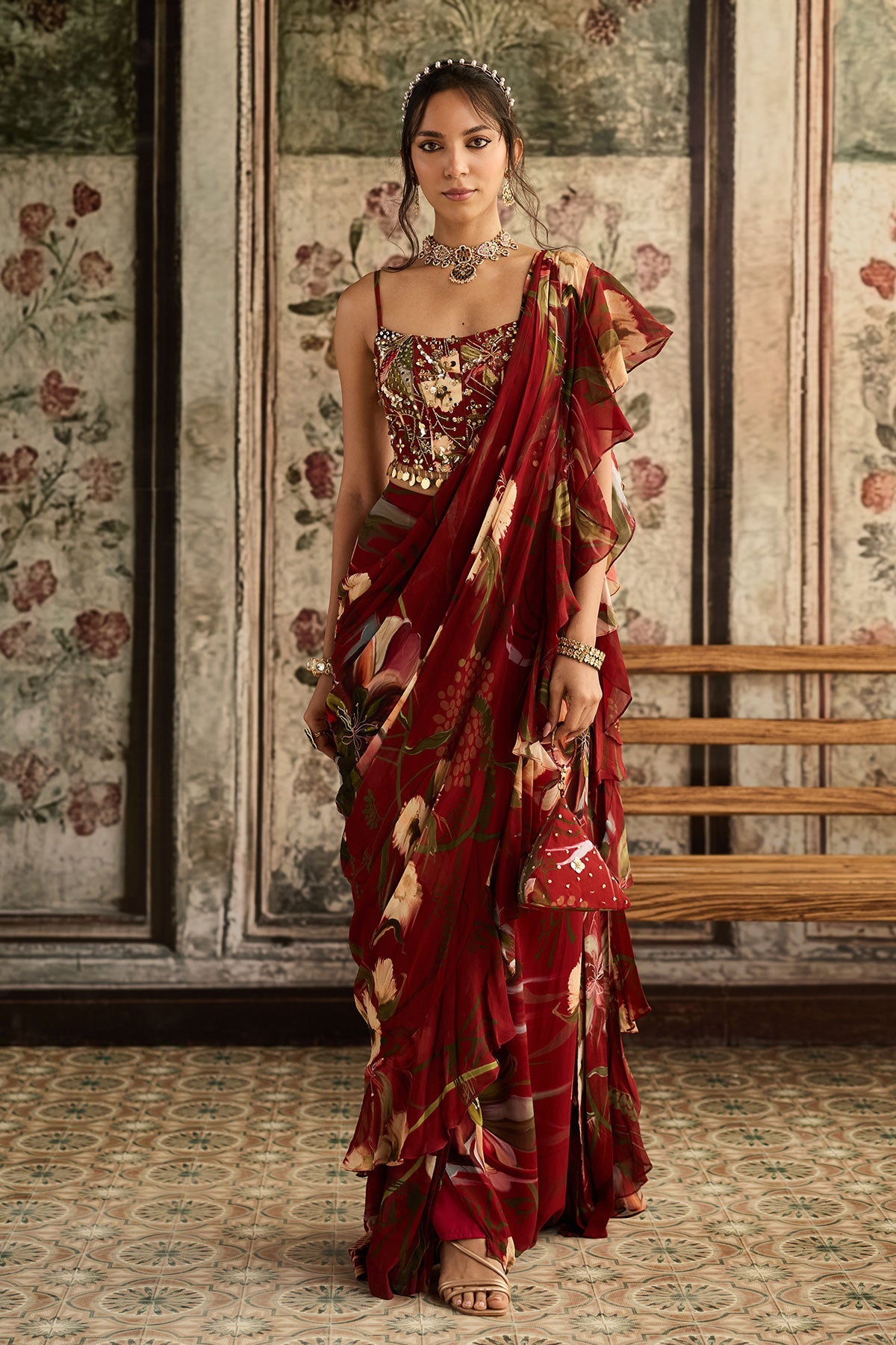 Red Floral Printed Pleated Skirt Saree Set