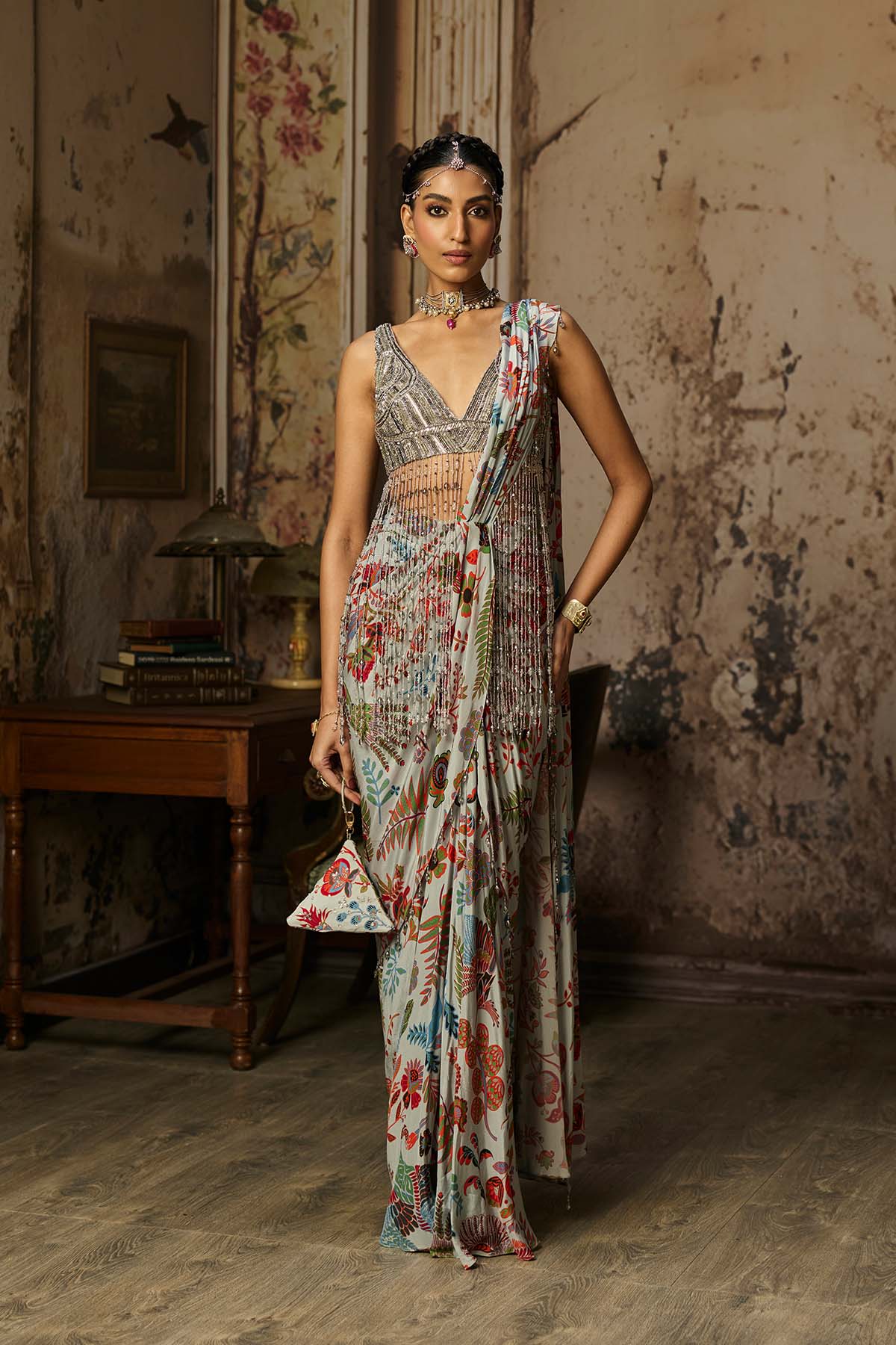 SLATE GREY EMBROIDERED BLOUSE WITH DHOTI SKIRT SAREE SET