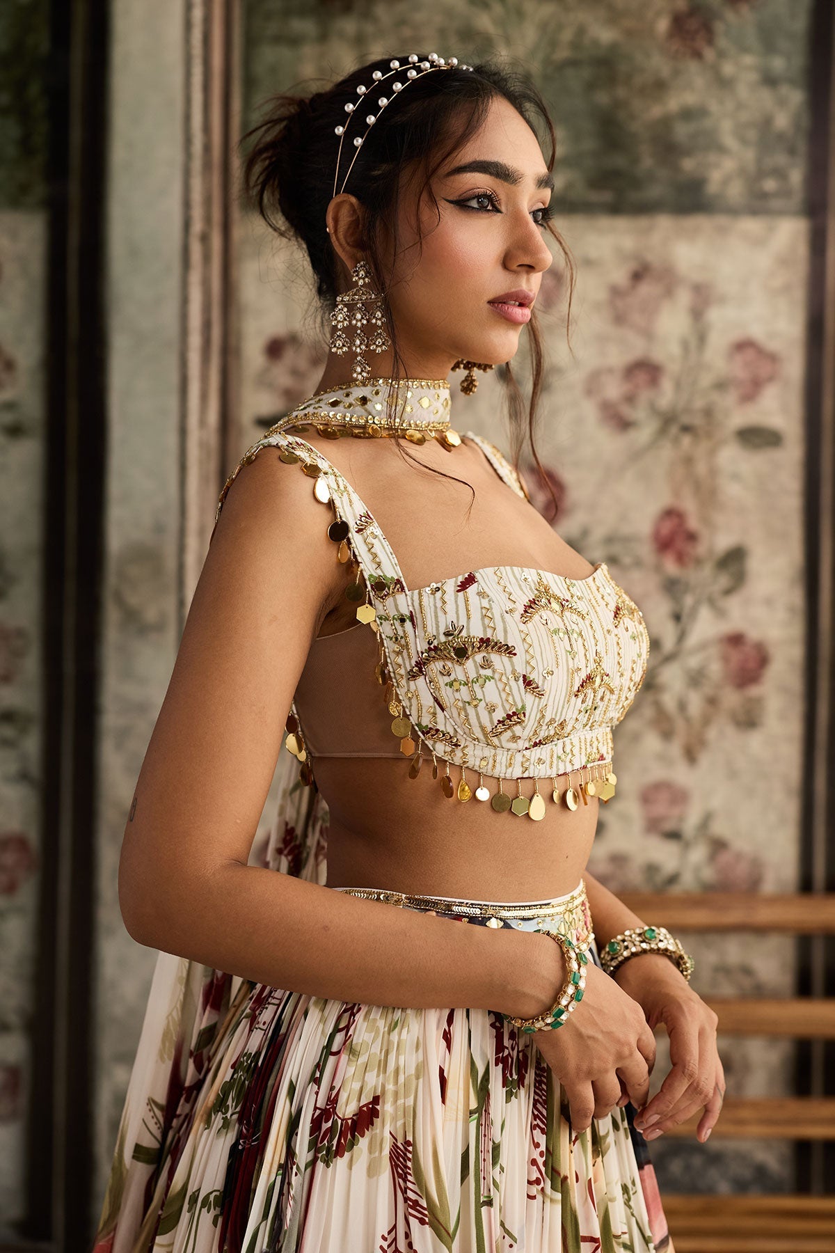 Ivory Floral Print And Highlighted Lehenga Set