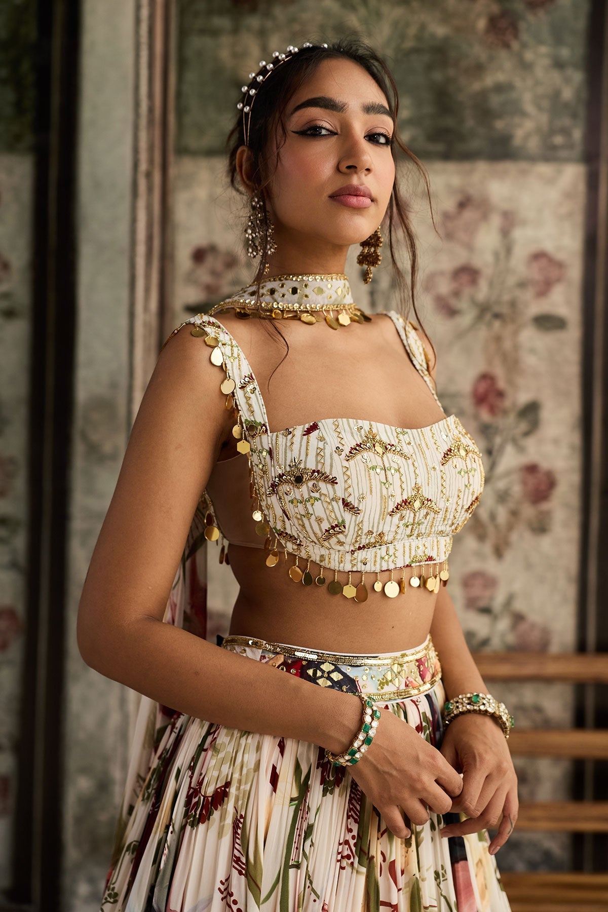 Ivory Floral Print And Highlighted Lehenga Set