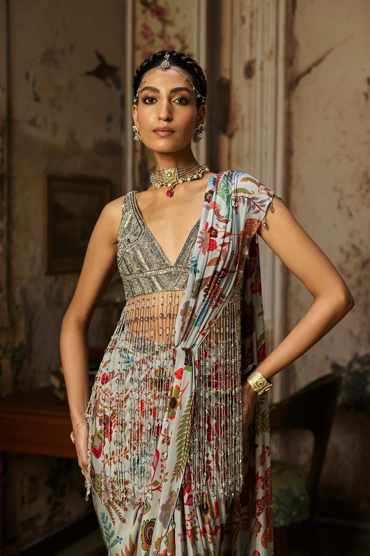 SLATE GREY EMBROIDERED BLOUSE WITH DHOTI SKIRT SAREE SET