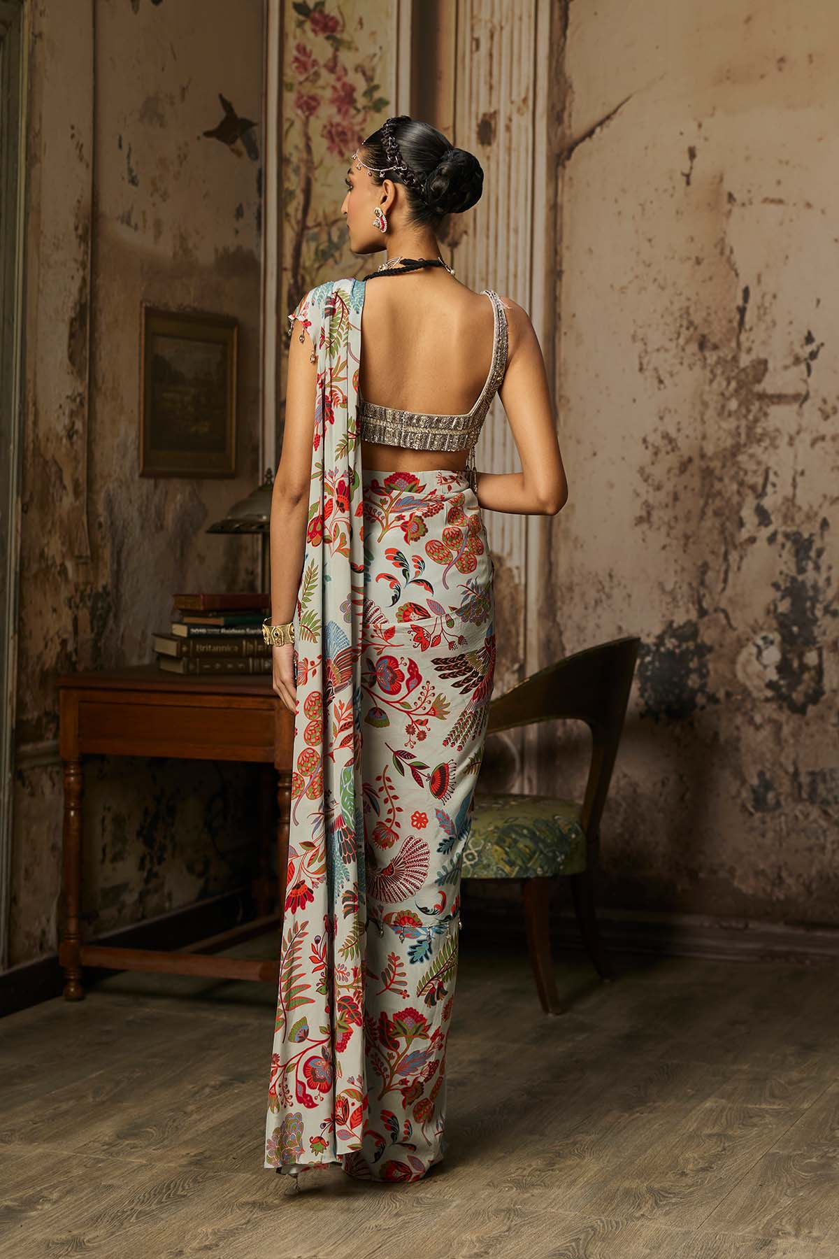 SLATE GREY EMBROIDERED BLOUSE WITH DHOTI SKIRT SAREE SET