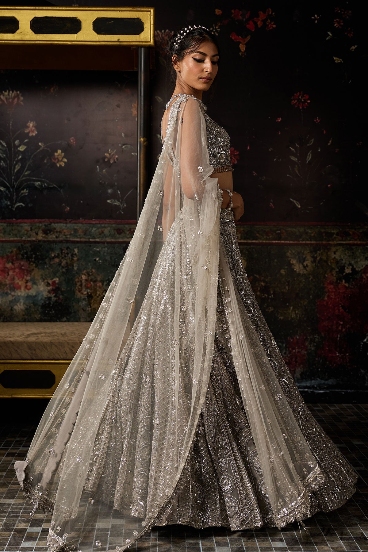 Grey Gunmetal Embellished Arc Circle Lehenga Set