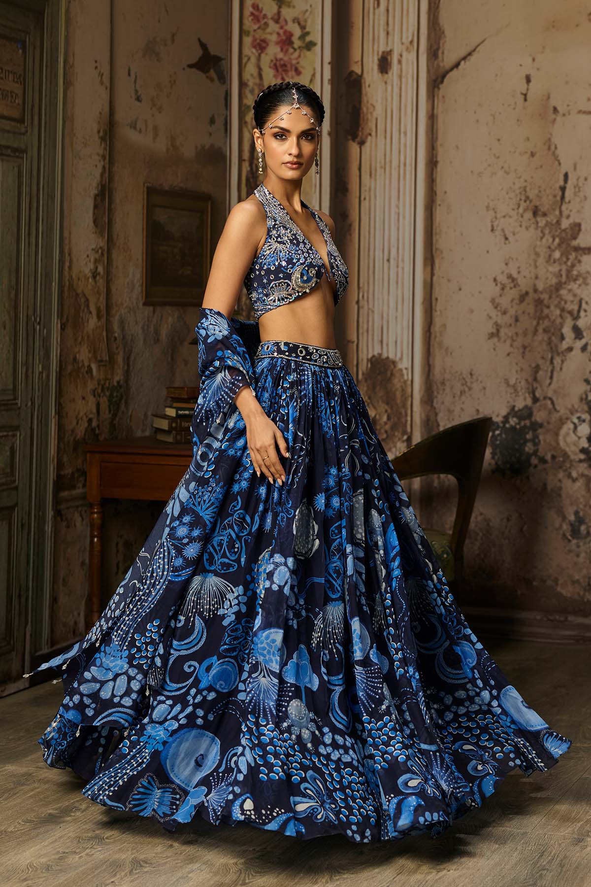 NAVY BLUE PRINTED & HIGHLIGHTED LEHENGA SET