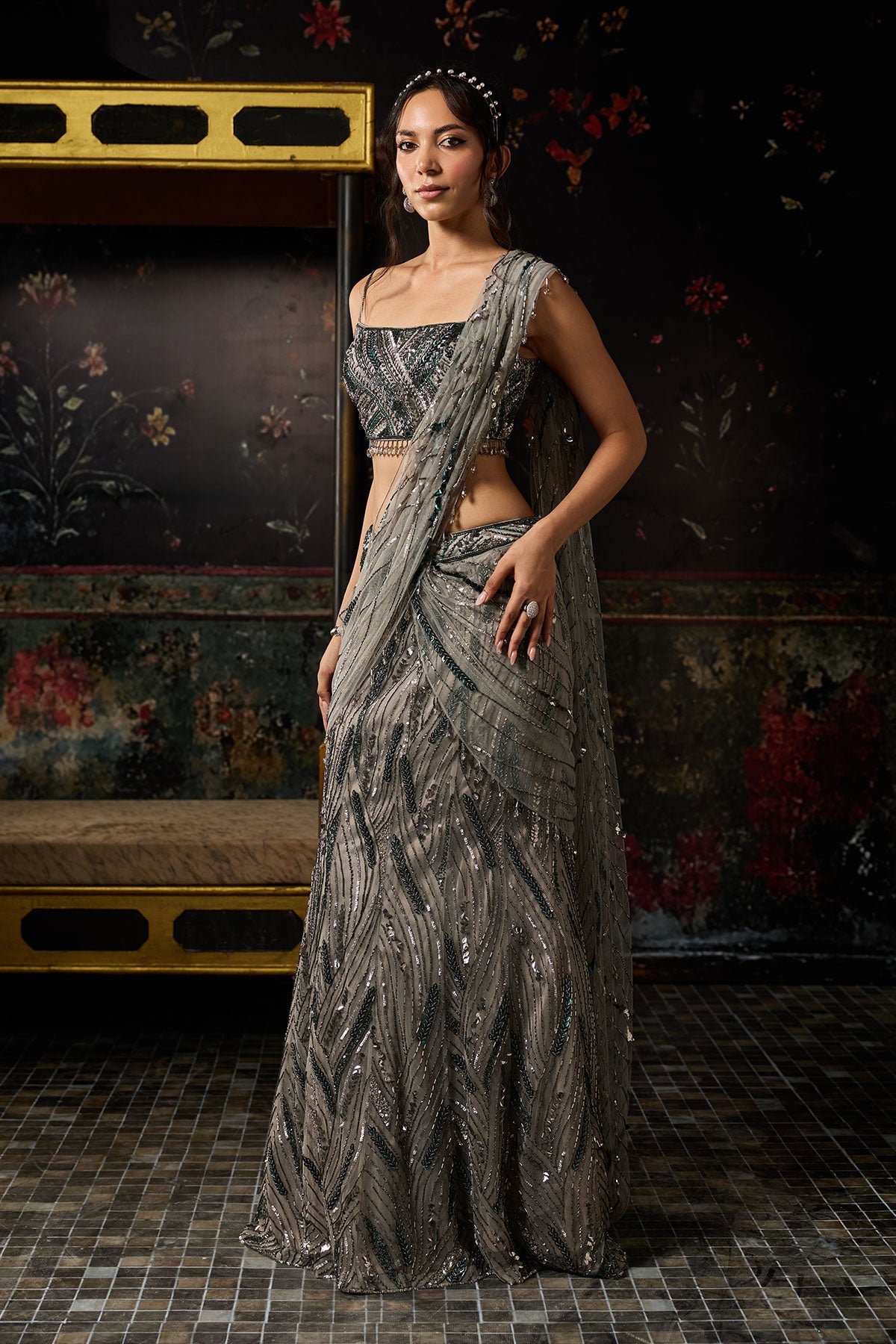 Grey Embellished Mermaid Skirt Saree Set