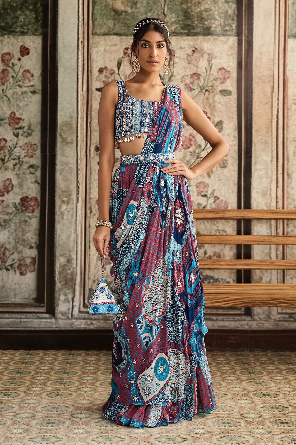 Teal Print And And Highlighted Square Neck Blouse With Tiered Skirt Saree Set