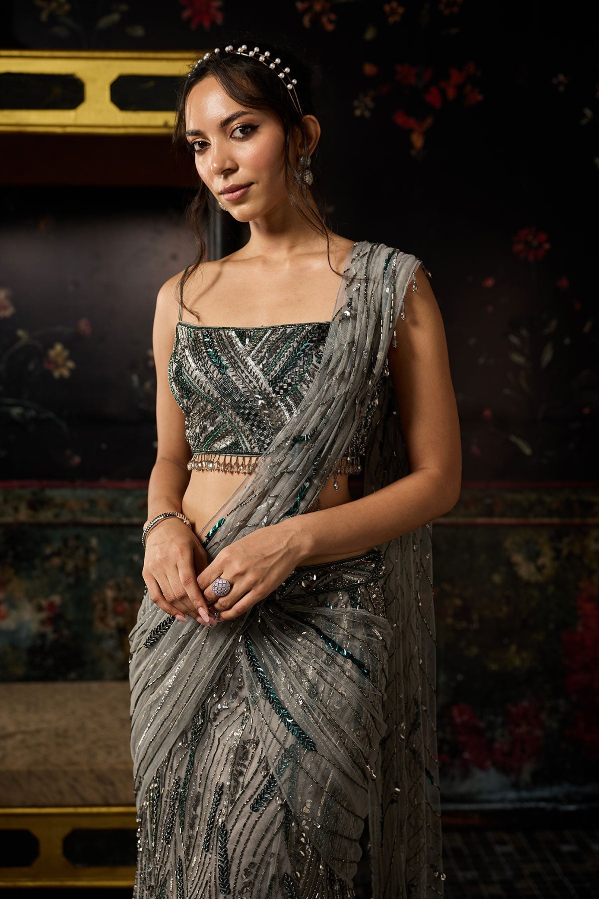 Grey Embellished Mermaid Skirt Saree Set