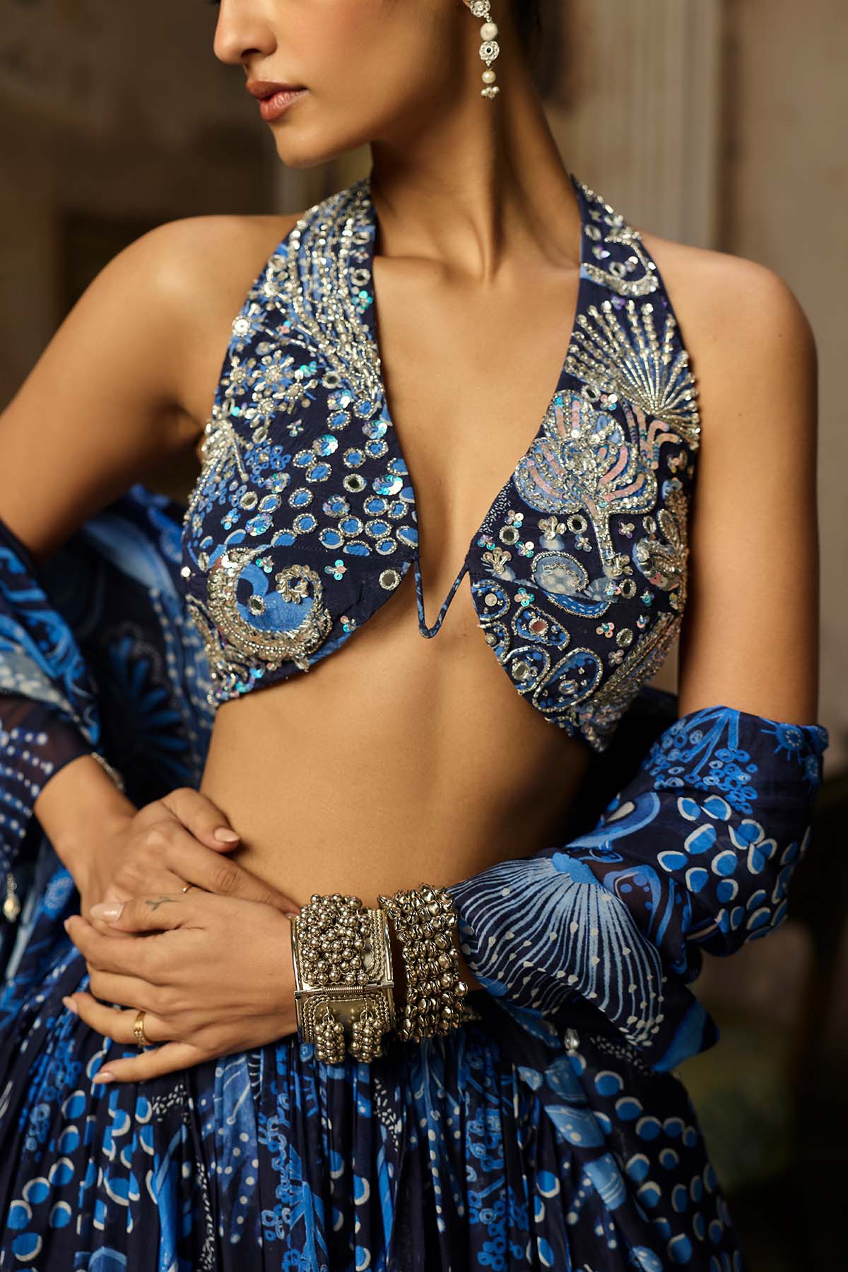 NAVY BLUE PRINTED & HIGHLIGHTED LEHENGA SET