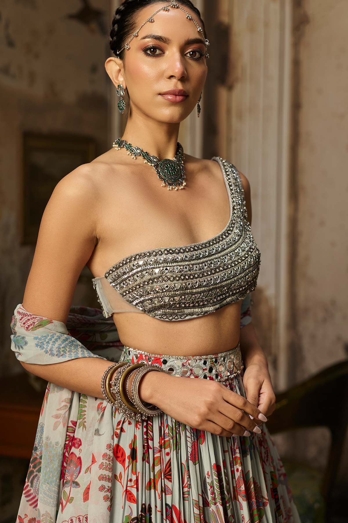 SLATE GREY EMBROIDERED BLOUSE WITH PRINTED LEHENGA SET