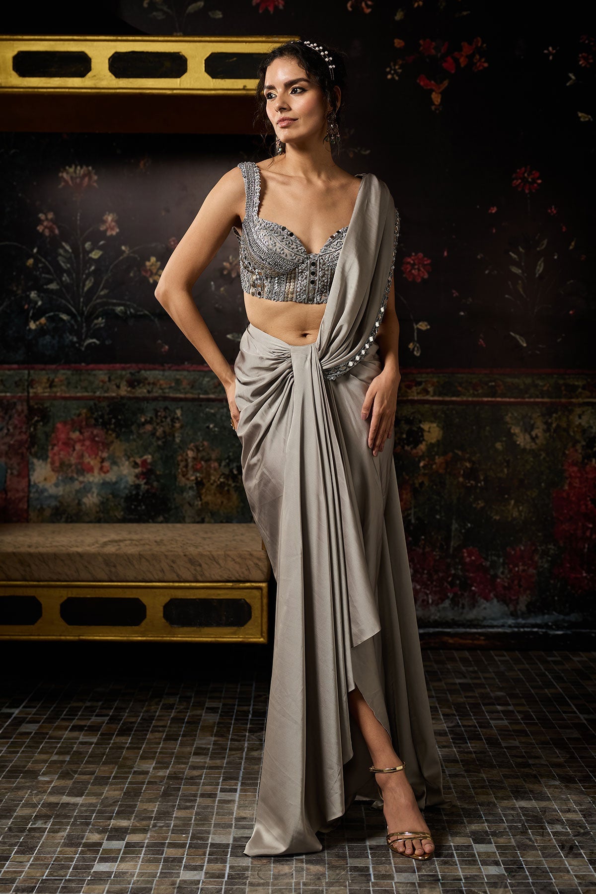 Grey Embellished Draped Skirt Saree Set
