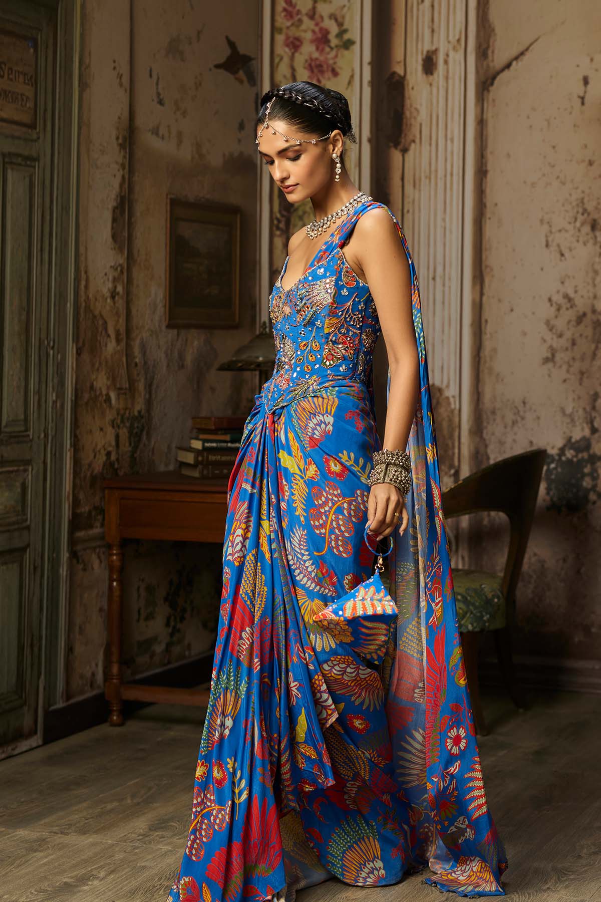 ELECTRIC BLUE PRINTED AND HIGHLIGHTED CORSET DHOTI SKIRT SAREE SET