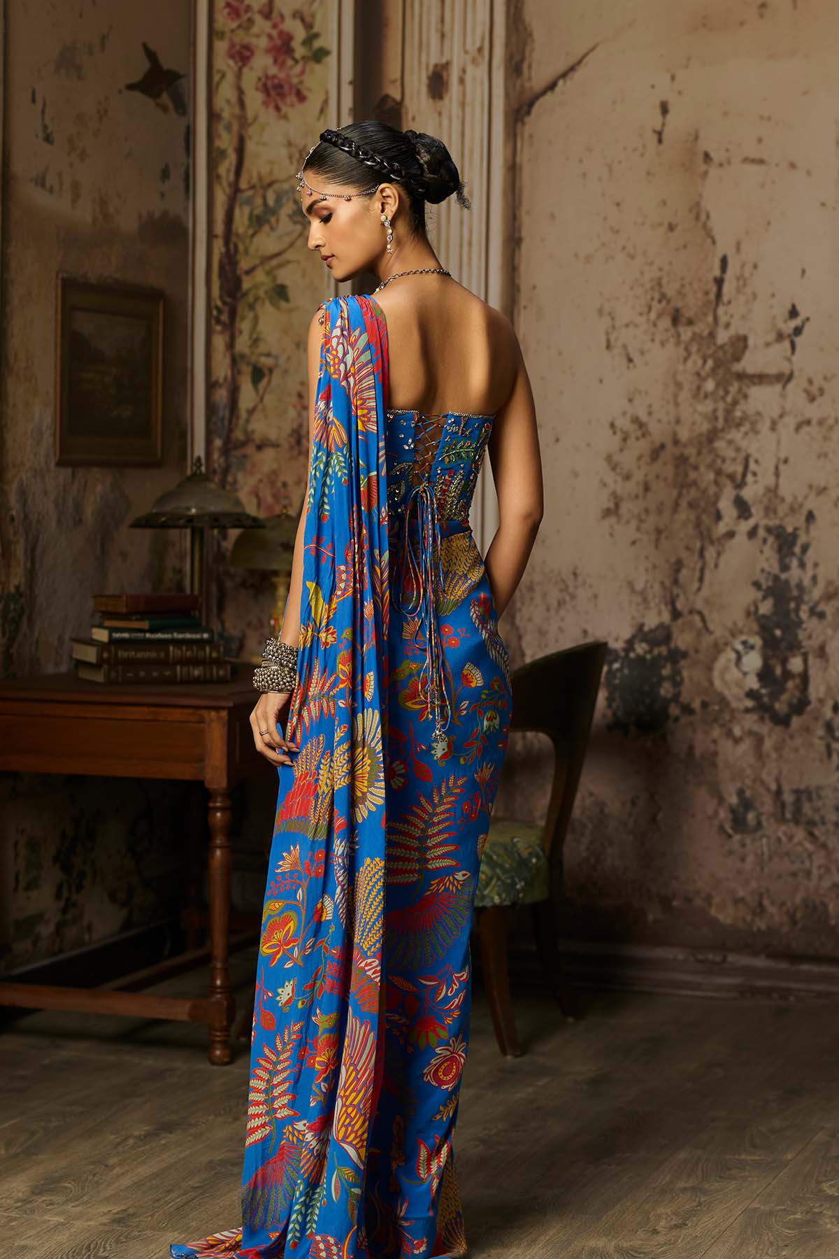 ELECTRIC BLUE PRINTED AND HIGHLIGHTED CORSET DHOTI SKIRT SAREE SET