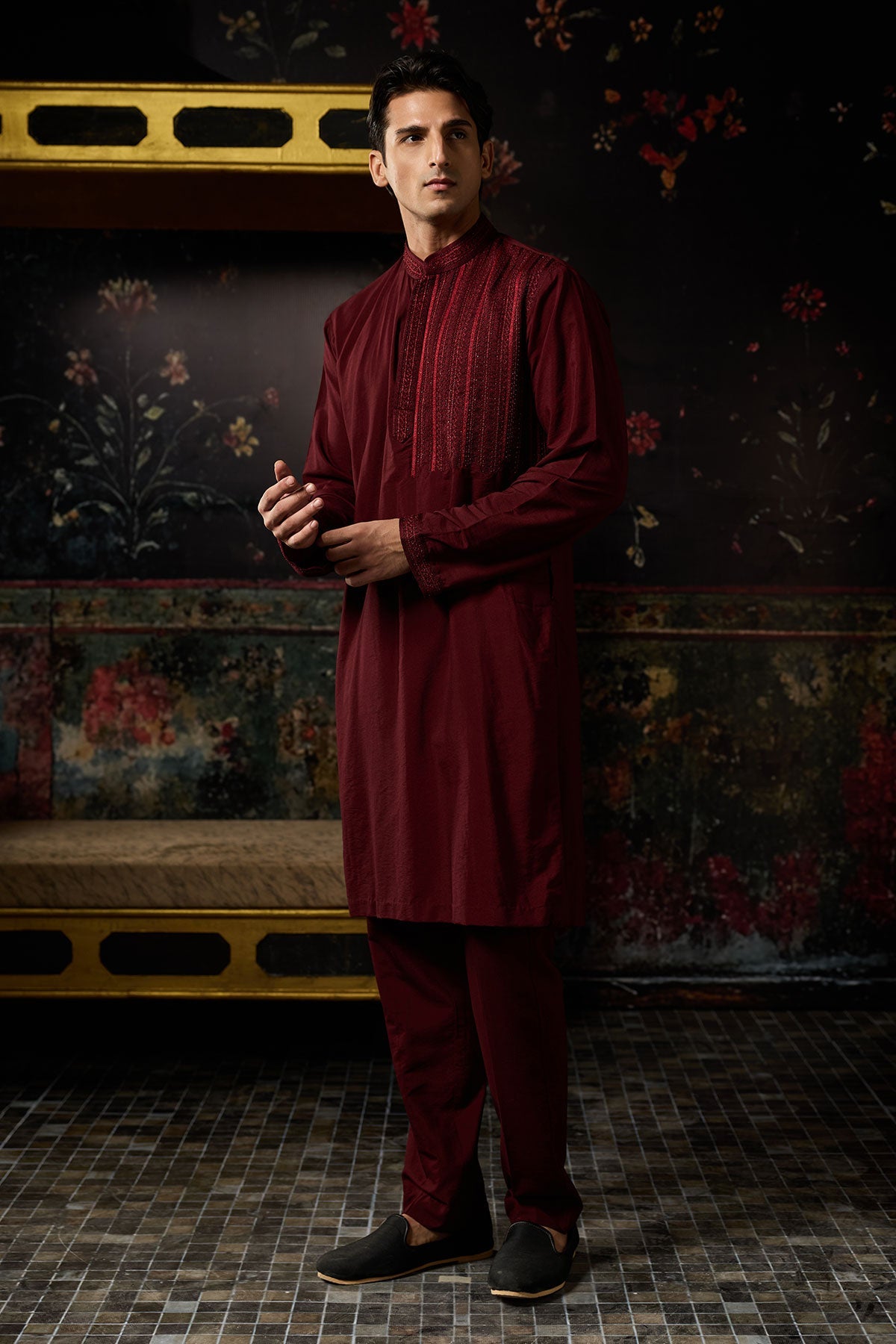 Maroon Embroidered Kurta & Pants