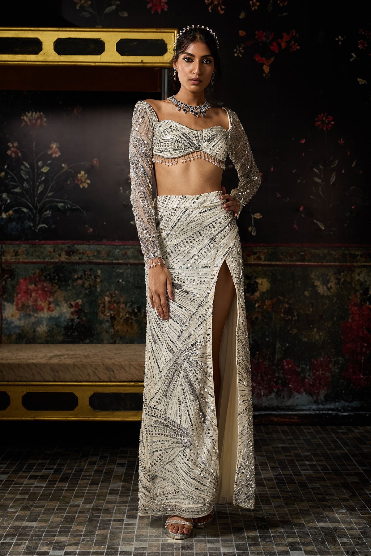 Silver Fully Embellished Slit Skirt Set