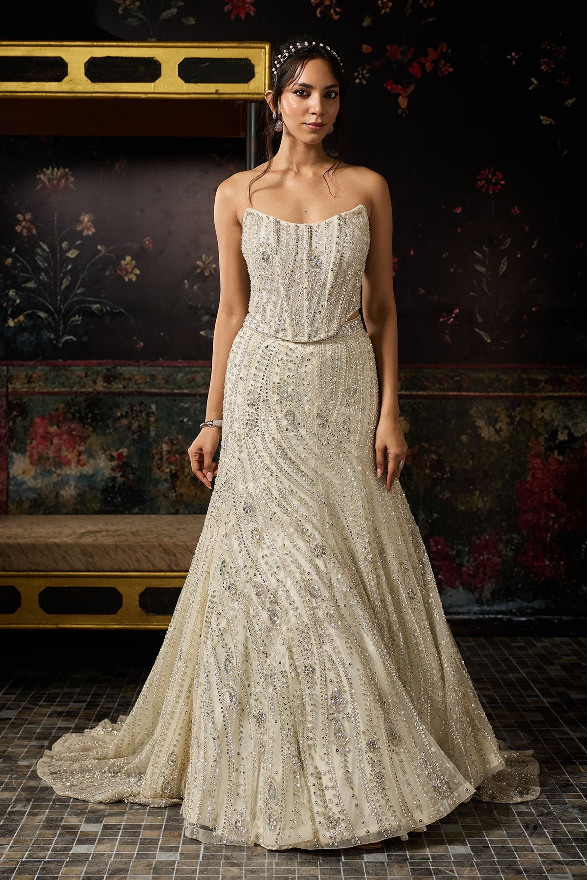 mermaid dress lehenga Silver Fully Embellished Mermaid Lehenga Trail Set 0 / Tall