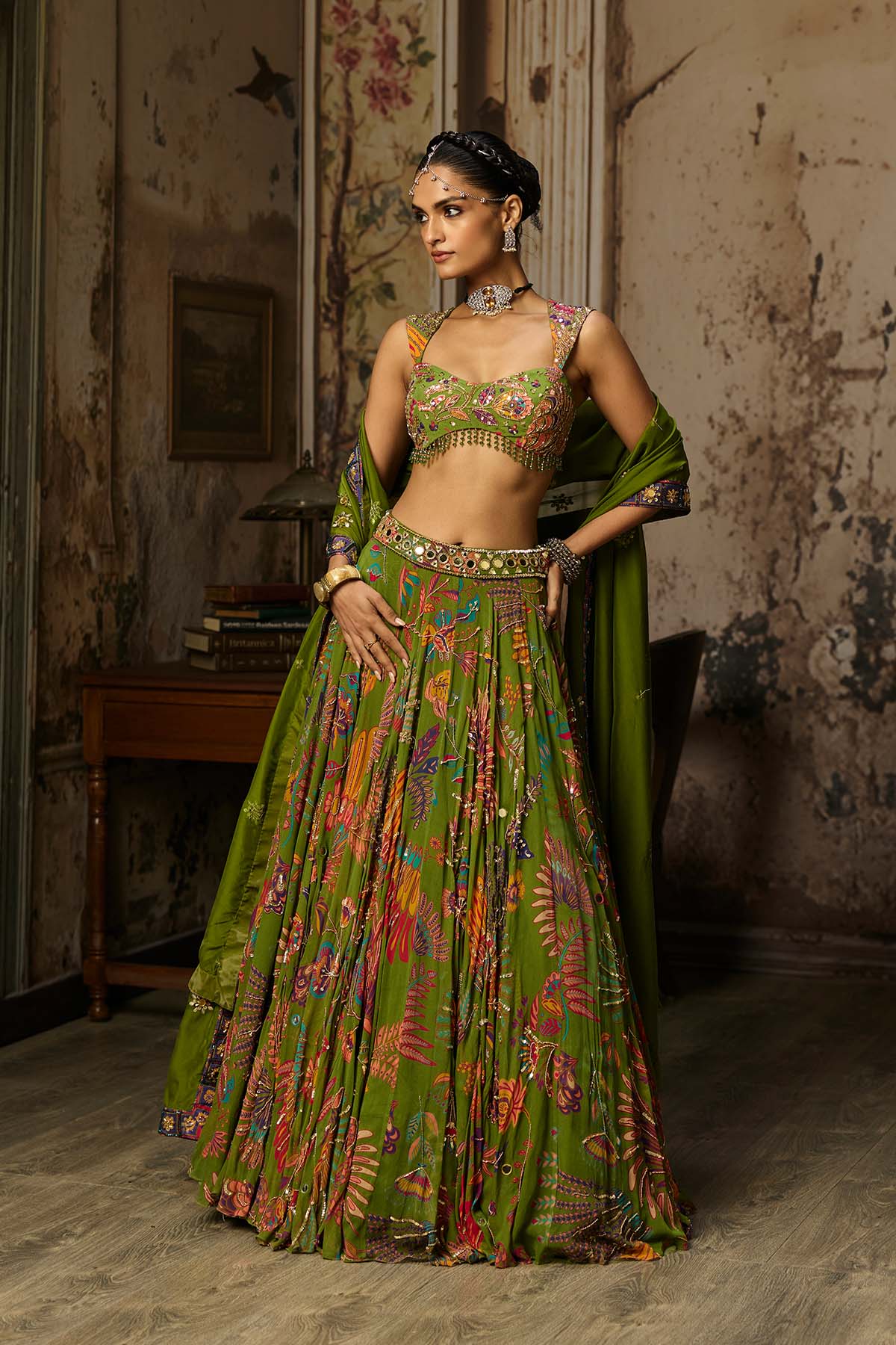 PEAR GREEN PRINTED AND HIGHLIGHTED LEHENGA SET