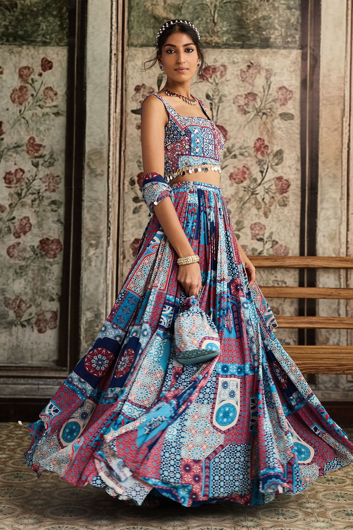 Teal Print And Highlighted Square Neck Blouse With Lehenga Set