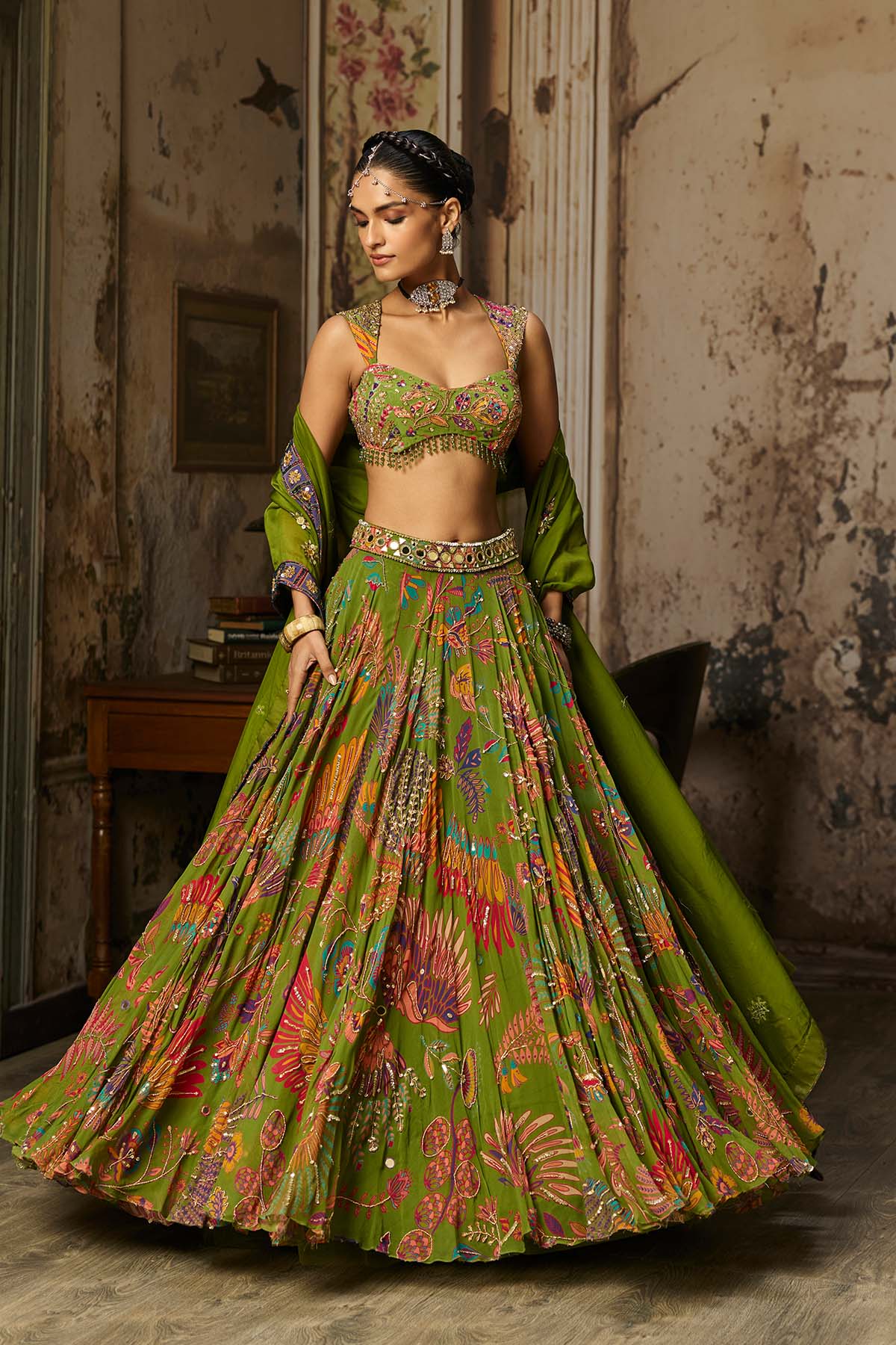 PEAR GREEN PRINTED AND HIGHLIGHTED LEHENGA SET