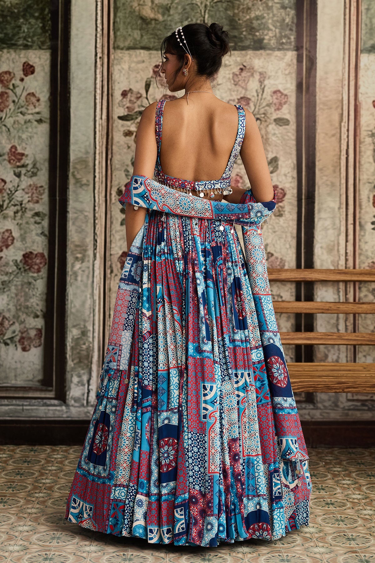 Teal Print And Highlighted Square Neck Blouse With Lehenga Set