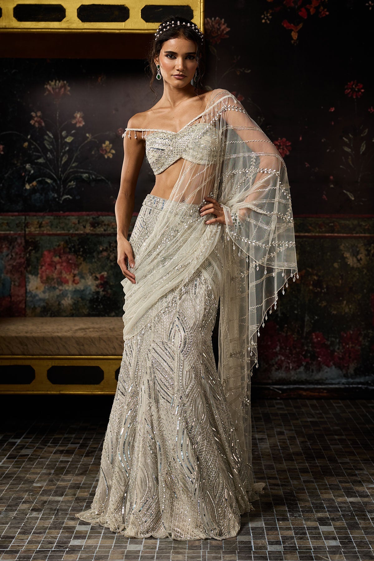 Silver Fully Embroidered Mermaid Skirt Saree Set