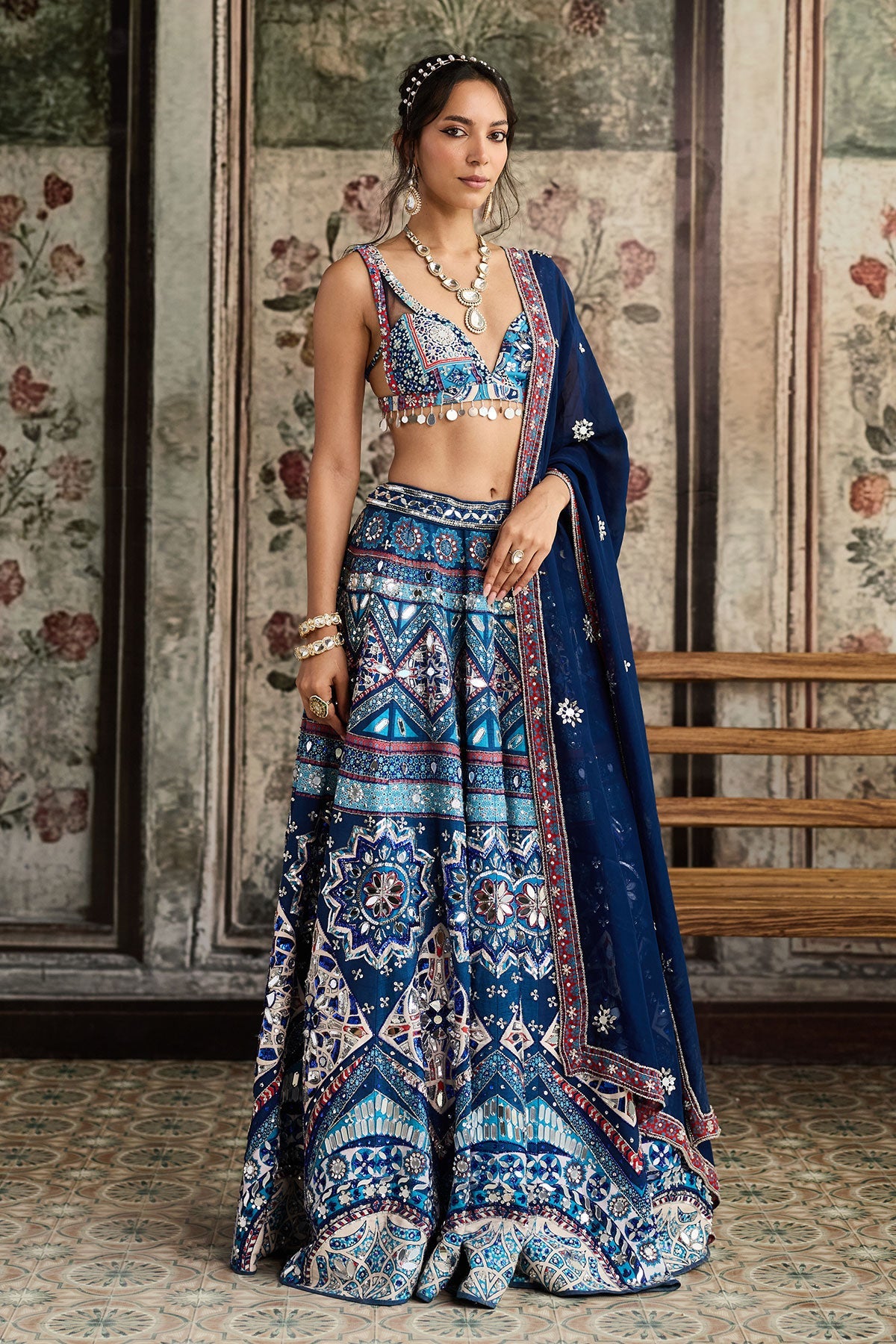 Teal Print And And Highlighted Lehenga Set