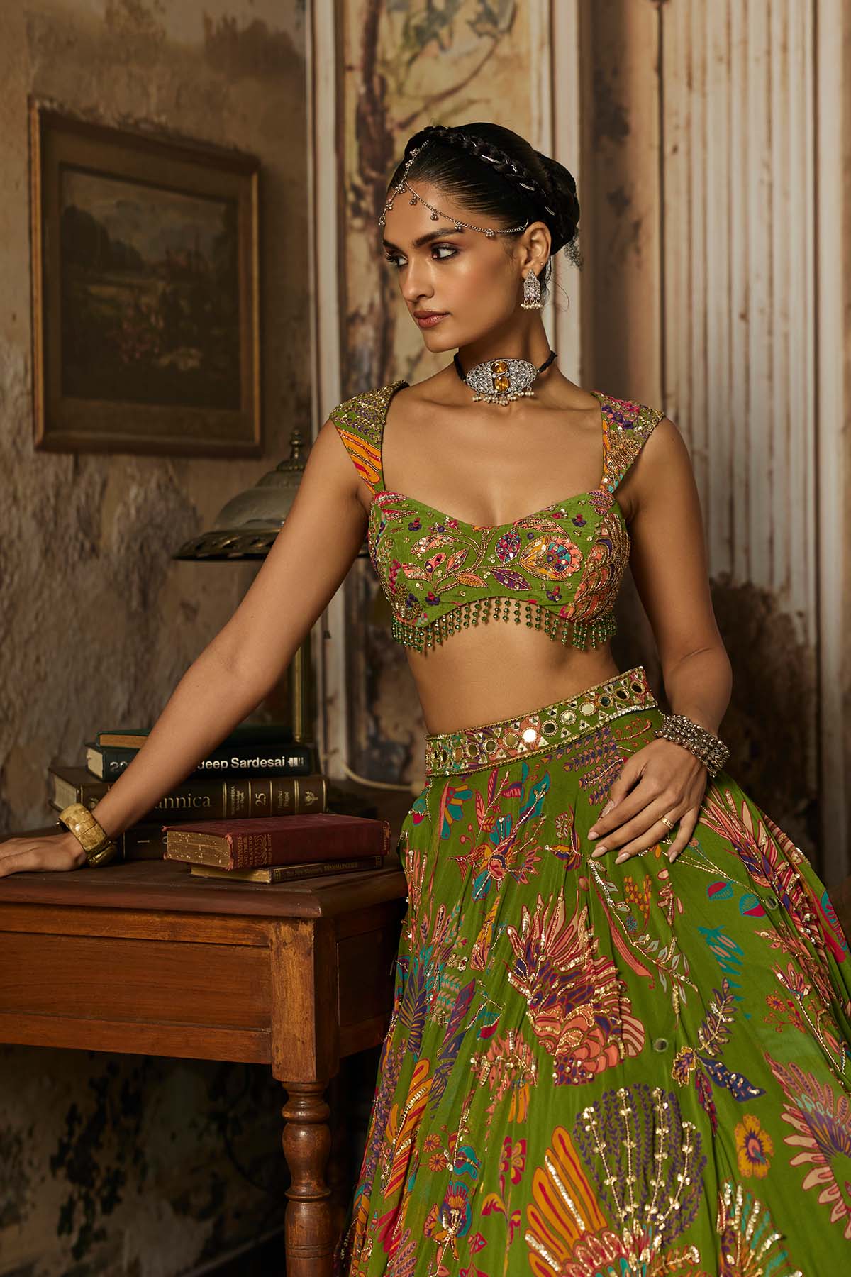 PEAR GREEN PRINTED AND HIGHLIGHTED LEHENGA SET