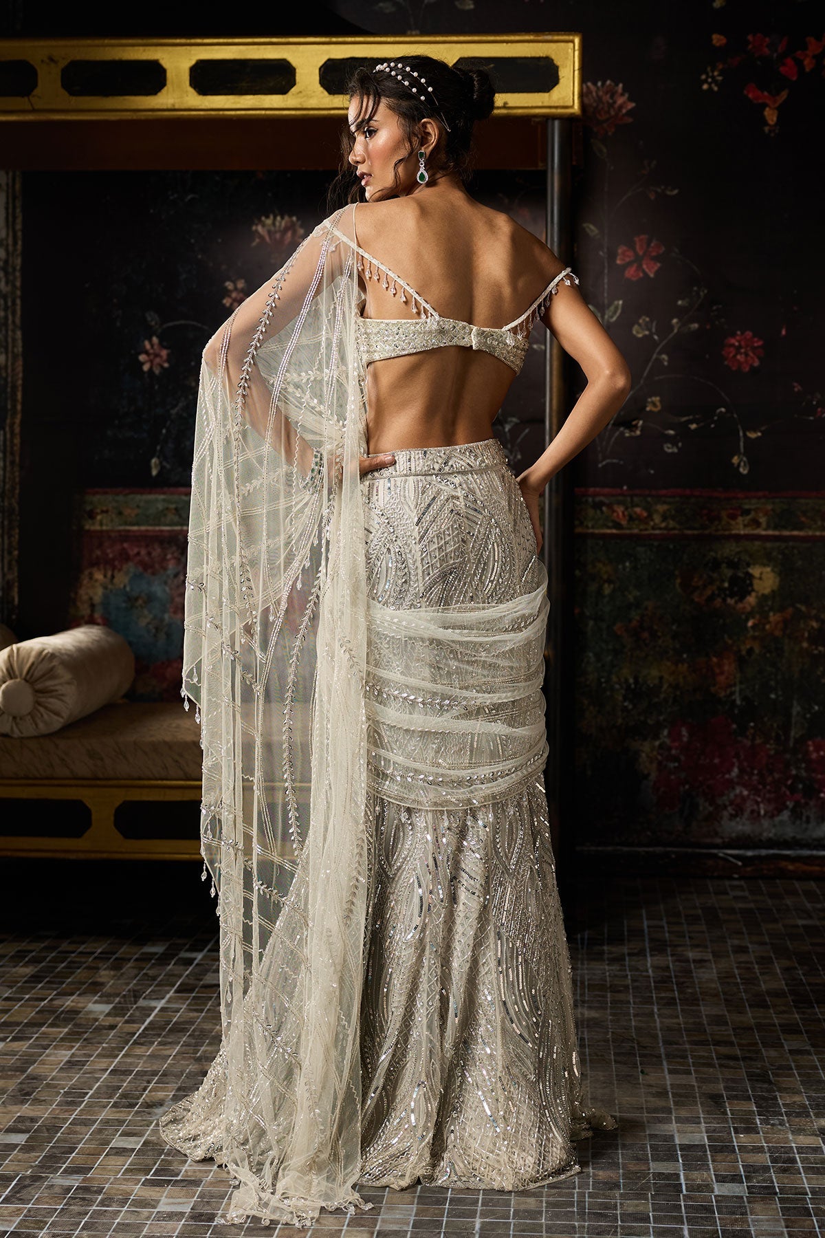 Silver Fully Embroidered Mermaid Skirt Saree Set