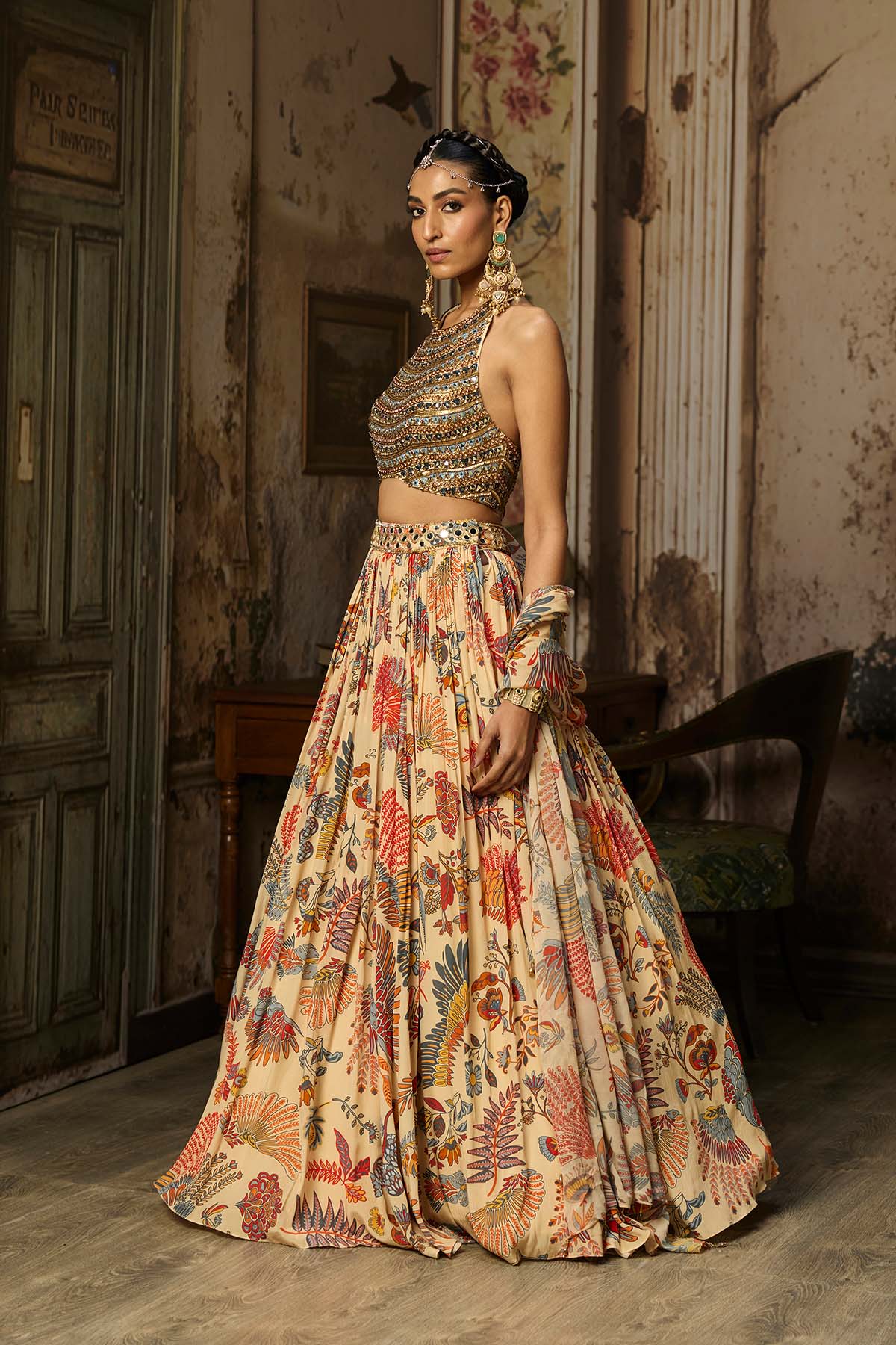 BEIGE EMBROIDERED BLOUSE WITH PRINTED AND EMBROIDERED LEHENGA SET