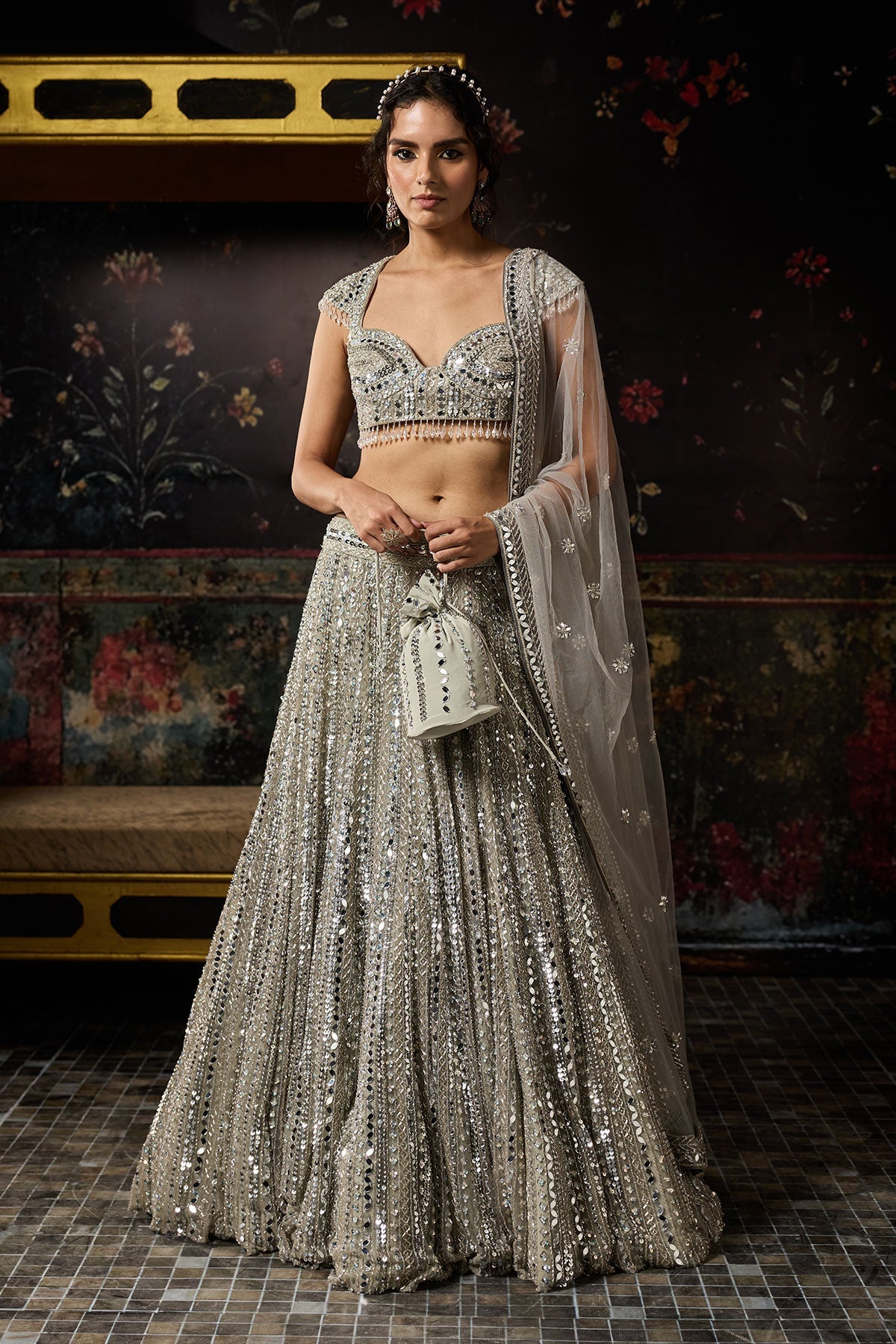 Silver Embellished Mirrorwork Lehenga Set