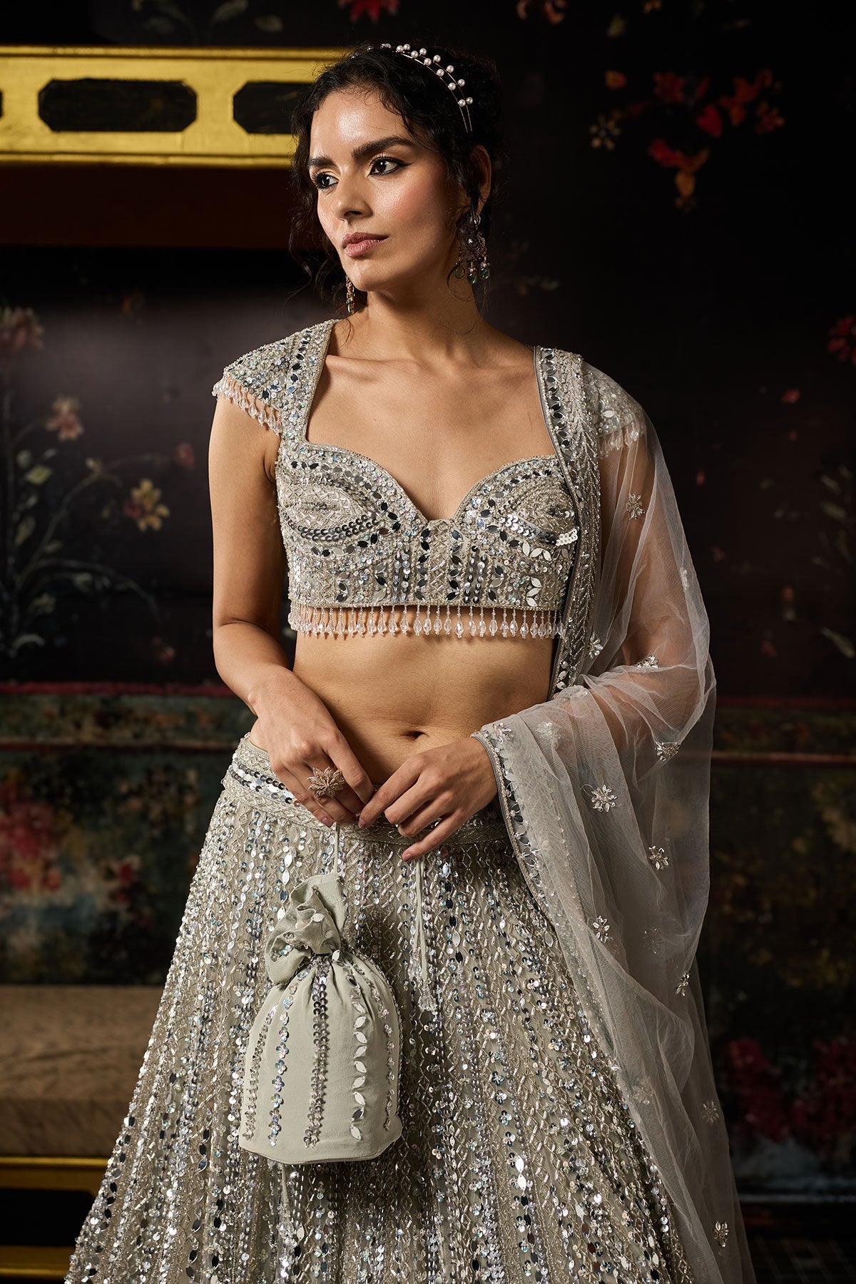 Silver Embellished Mirrorwork Lehenga Set