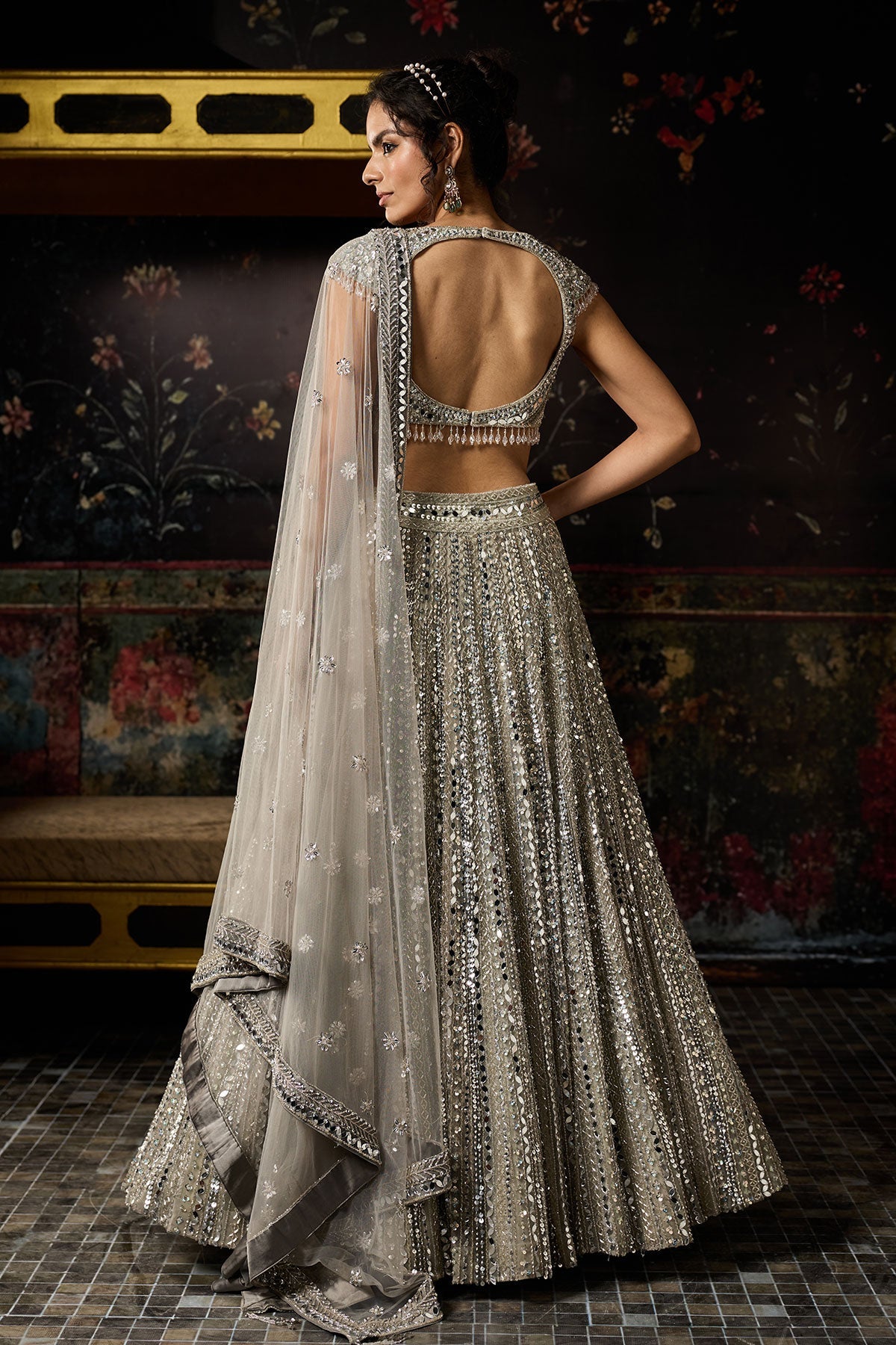 Silver Embellished Mirrorwork Lehenga Set