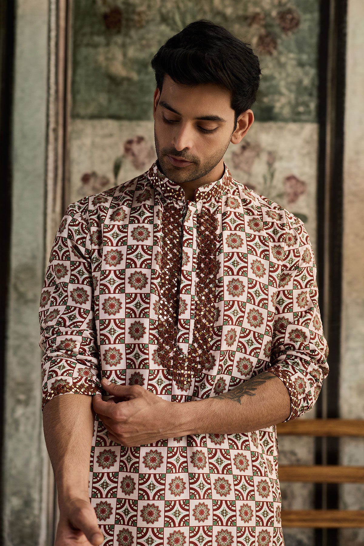 Caramel & Ivory Print & Highlighted Kurta &Pants