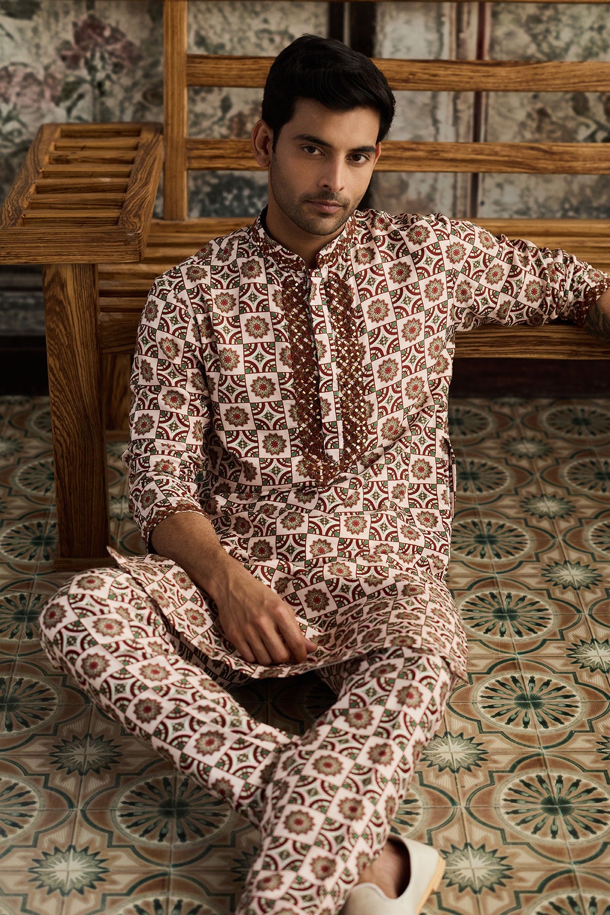 Caramel & Ivory Print & Highlighted Kurta &Pants
