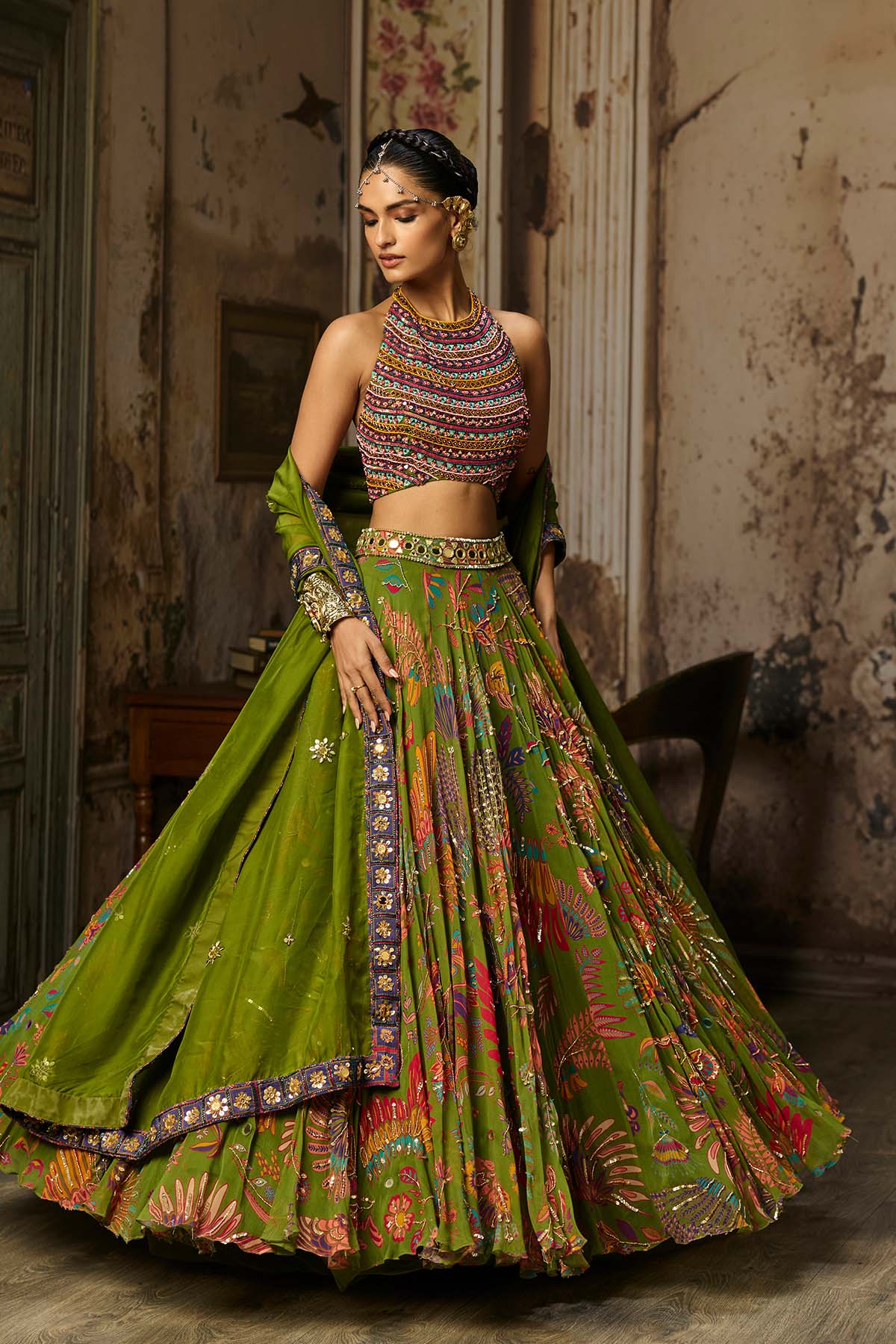 COLORFUL EMBROIDERED BLOUSE WITH PEAR GREEN LEHENGA SET