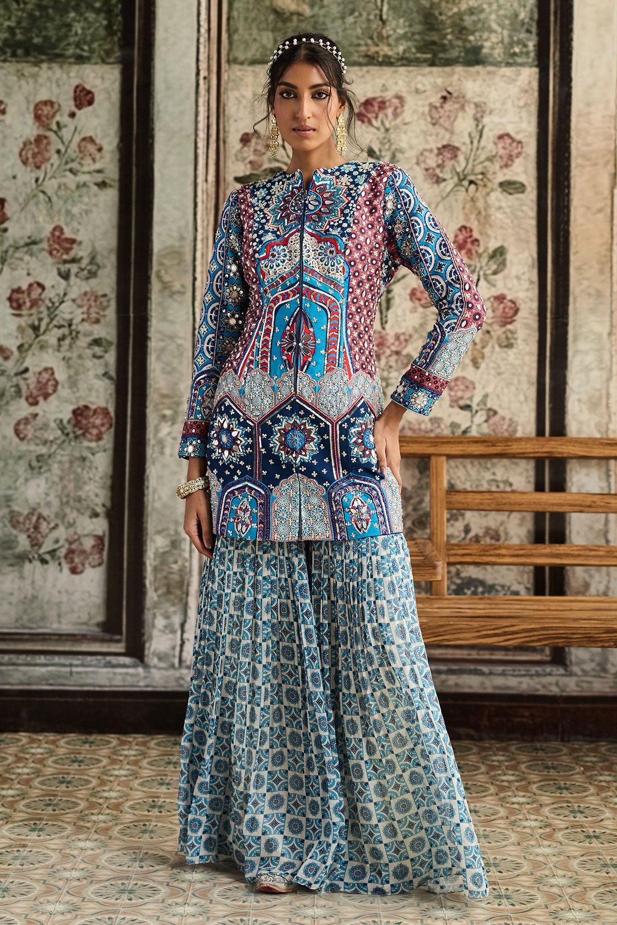 Teal Print And Highlighted Jacket Set