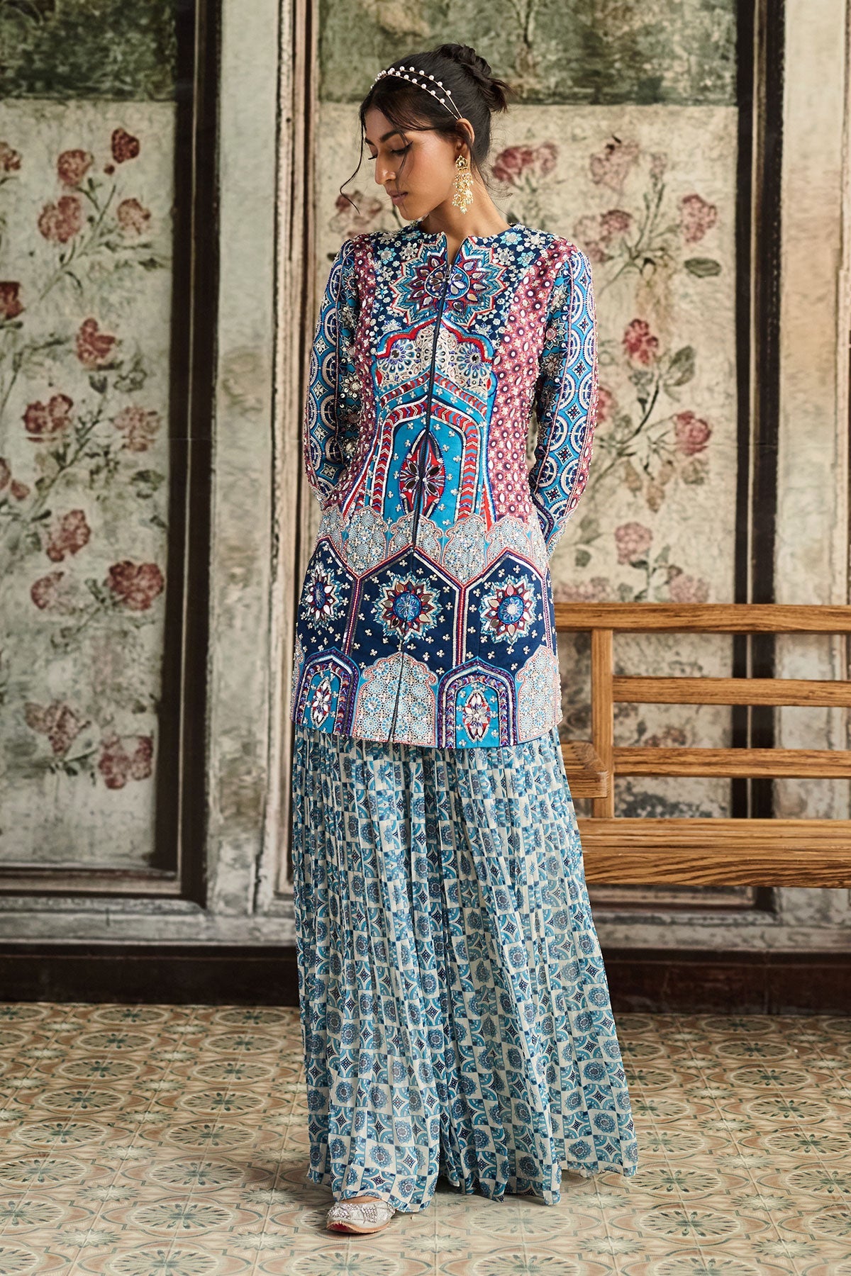 Teal Print And Highlighted Jacket Set