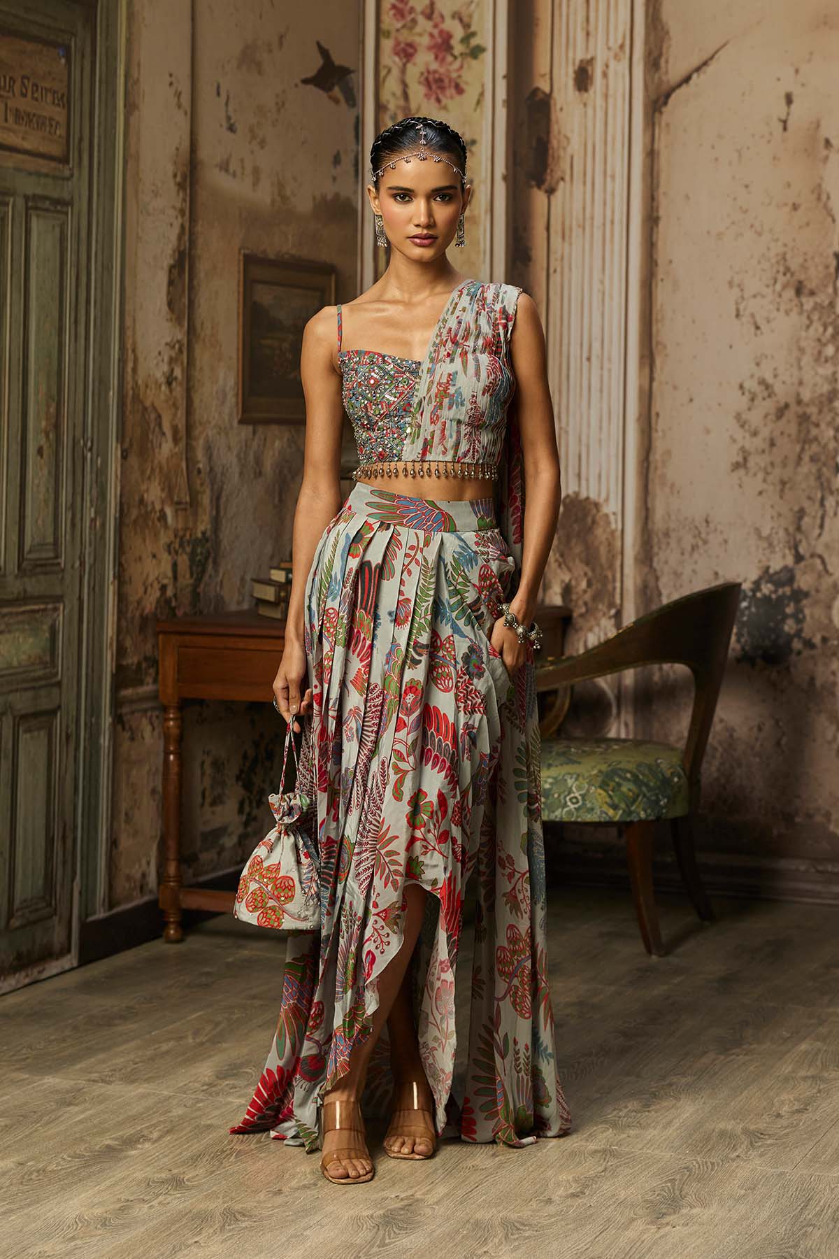 SLATE GREY PRINTED DRAPE ASYMMETRIC CROP TOP AND SKIRT SET