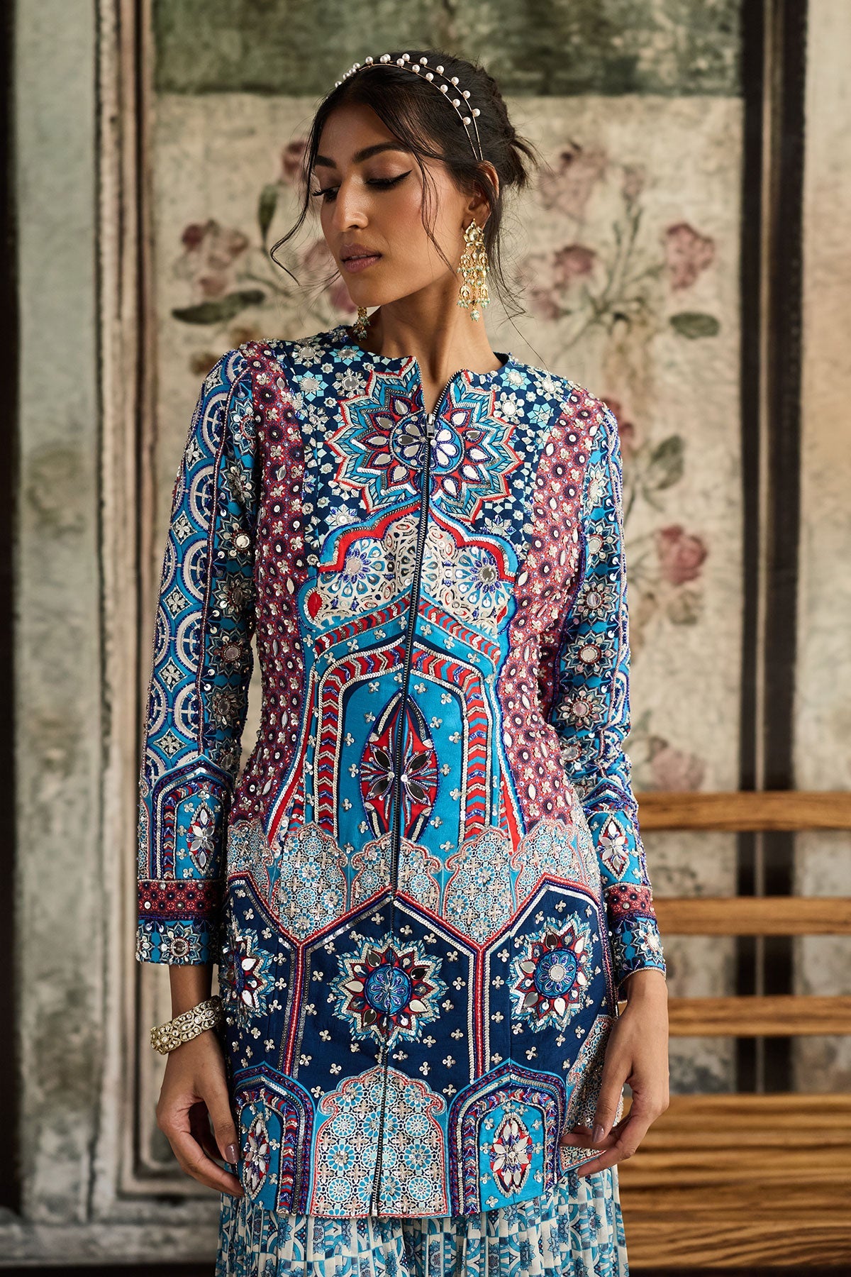 Teal Print And Highlighted Jacket Set