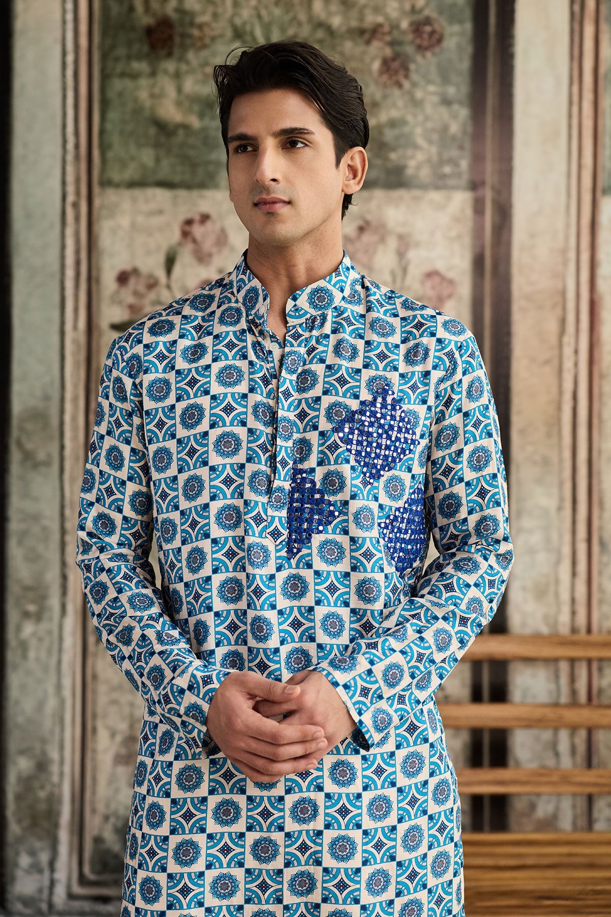 Blue Print & Highlighted Kurta & Pants