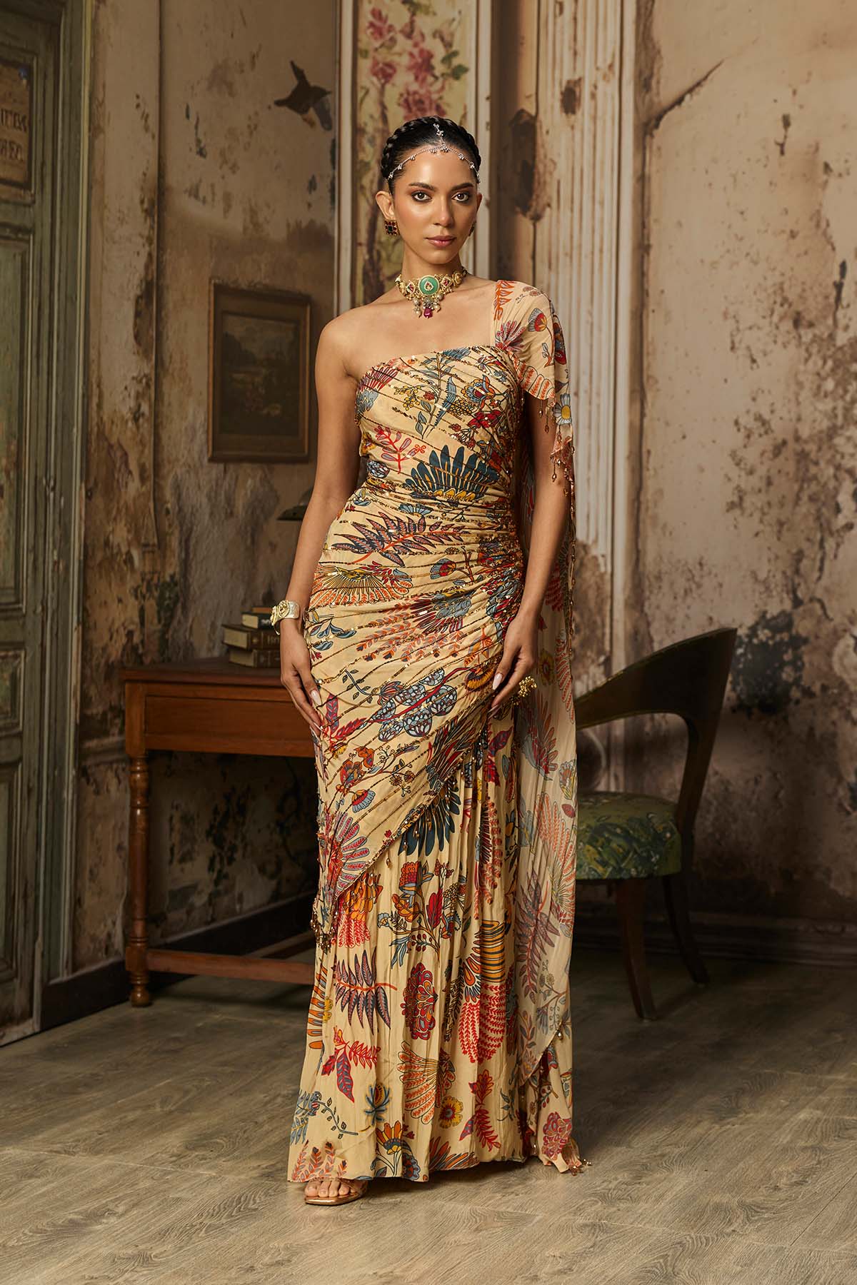 BEIGE PRINTED AND HIGHLIGTED DRAPE GOWN SAREE