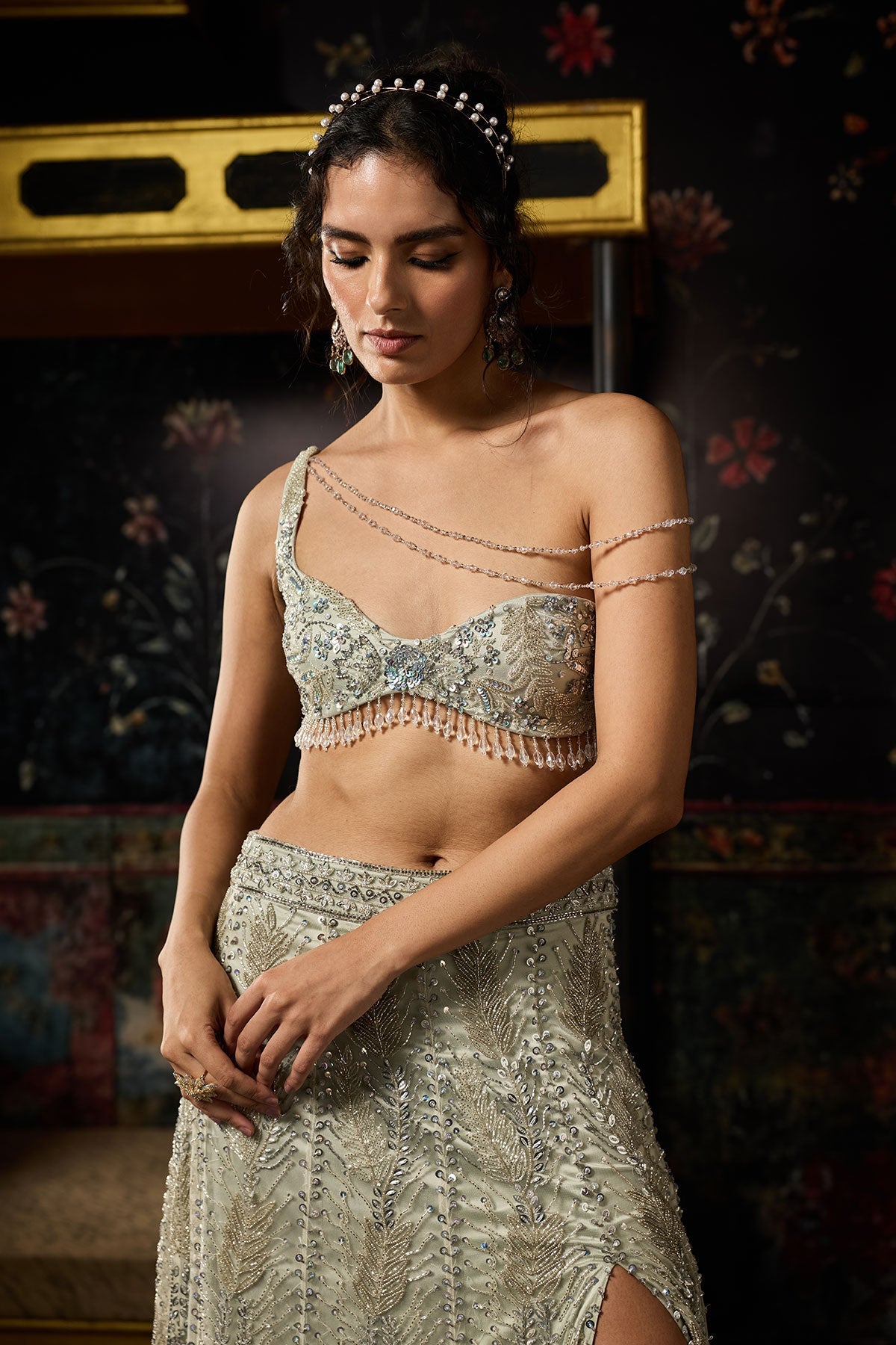 Silver Fully Embellished Asymmetrical Slit Skirt Set