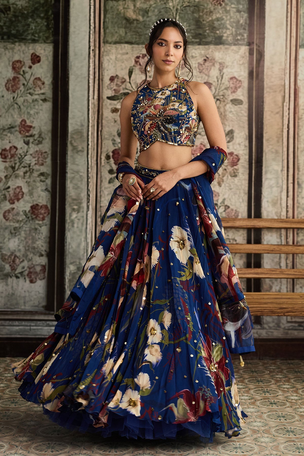 Blue Floral Print And Highlighted Lehenga Set