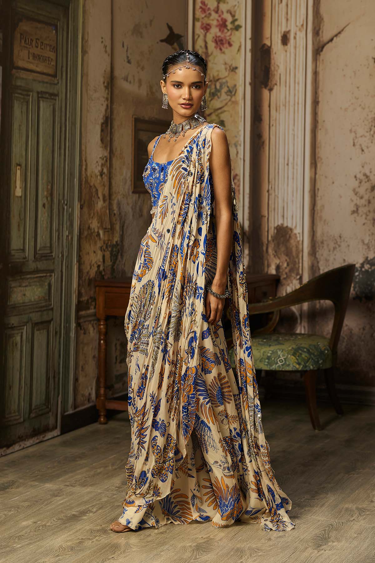 IVORY PRINTED AND HIGHLIGHTED SHARARA PANTS SAREE SET