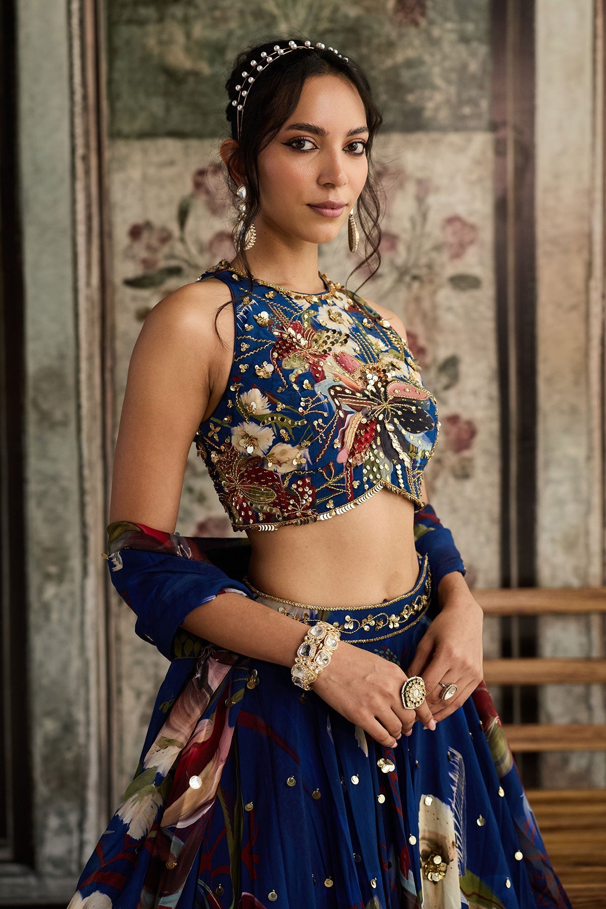 Blue Floral Print And Highlighted Lehenga Set