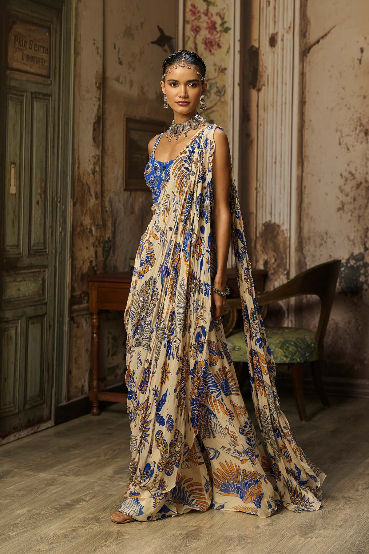 IVORY PRINTED AND HIGHLIGHTED SHARARA PANTS SAREE SET